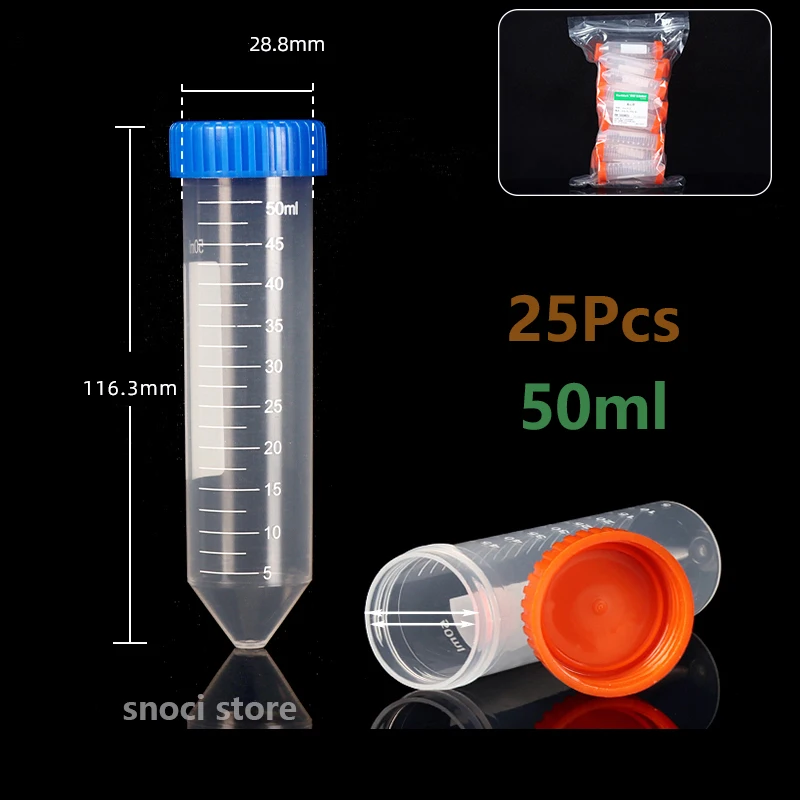 원추형 원심분리기 튜브 나사 캡이 있는 플라스틱 시험관, 50mL 폴리프로필렌 용기, 눈금 및 쓰기 스폿