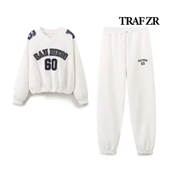 TRAF ZR Women's Set Two Pieces Elegant Casual Women's Set Autumn Outfits Sweat Suit Sets White Letter Printing Sweatshirts Sets