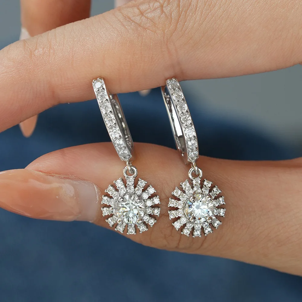 Lumira Platinum PT950 Starburst Moissanite Stud Earrings for Women Sunflower Fringe Drop Earrings Charm Fine Jewelry Gift