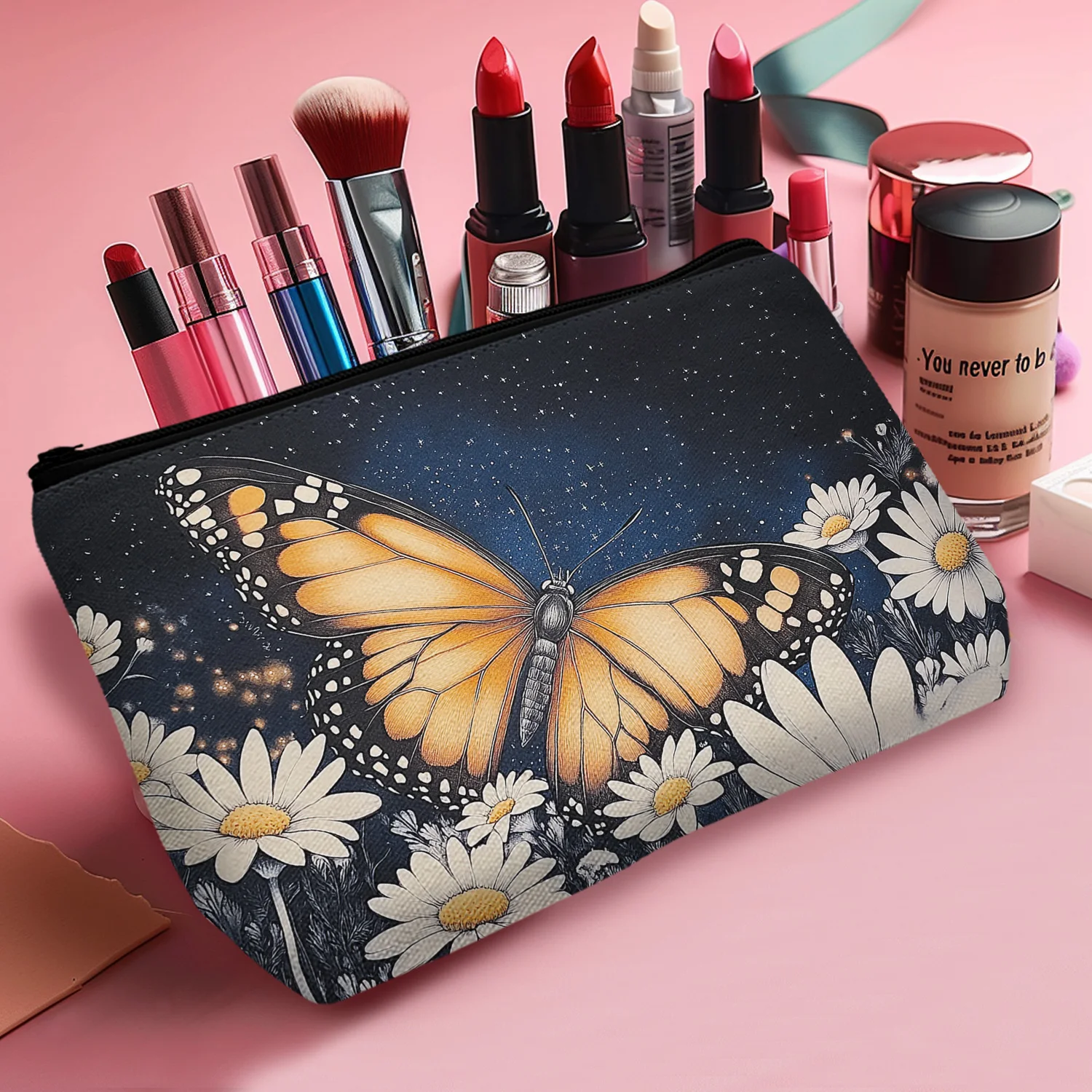 1Pc Aesthetic Cute Makeup Bag Moon Star Butterfly Fashion Zipper Portable Makeup Bag Best Gift For Friends And Sisters B