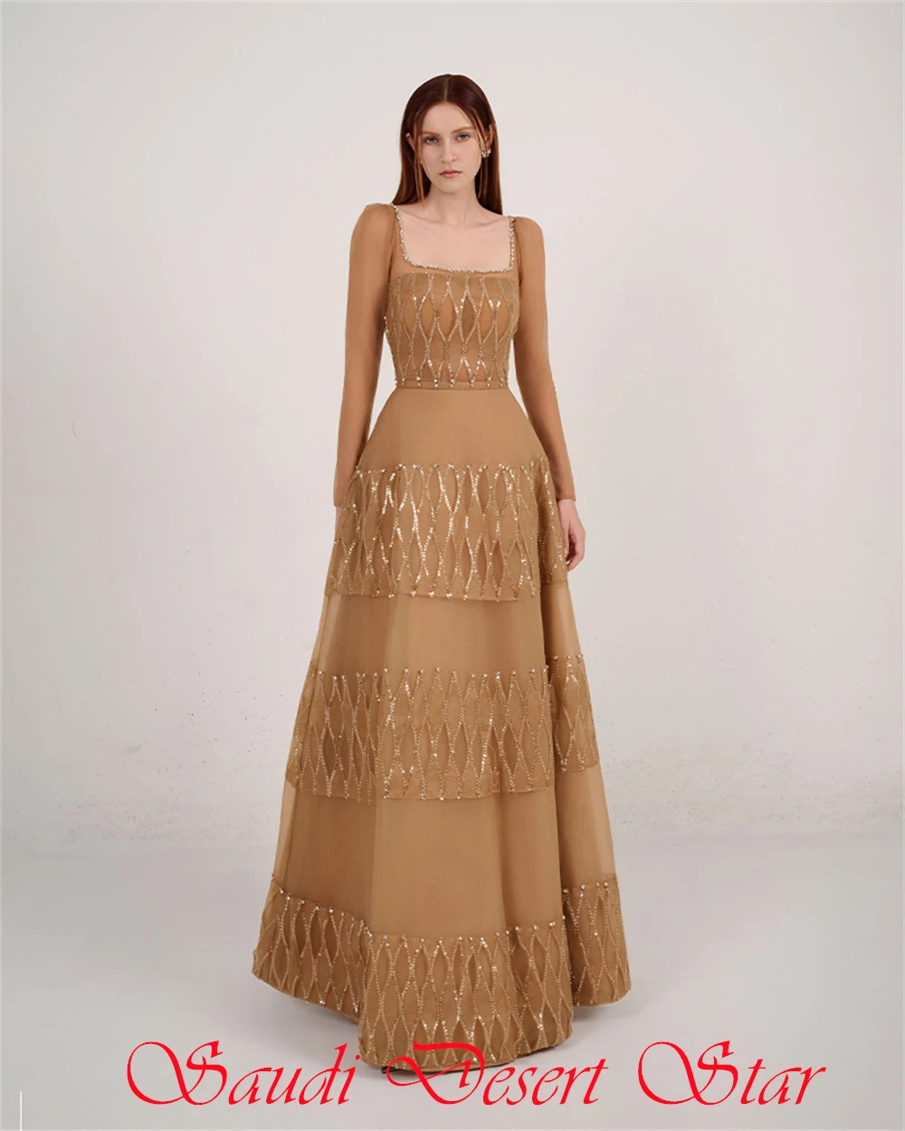 カスタマイズされたシンプルなシャンパンオーガンザイブニングドレスフォーマルスクエアカラー長袖パーティードレスソフトスパンコールクリスタルプロムドレス