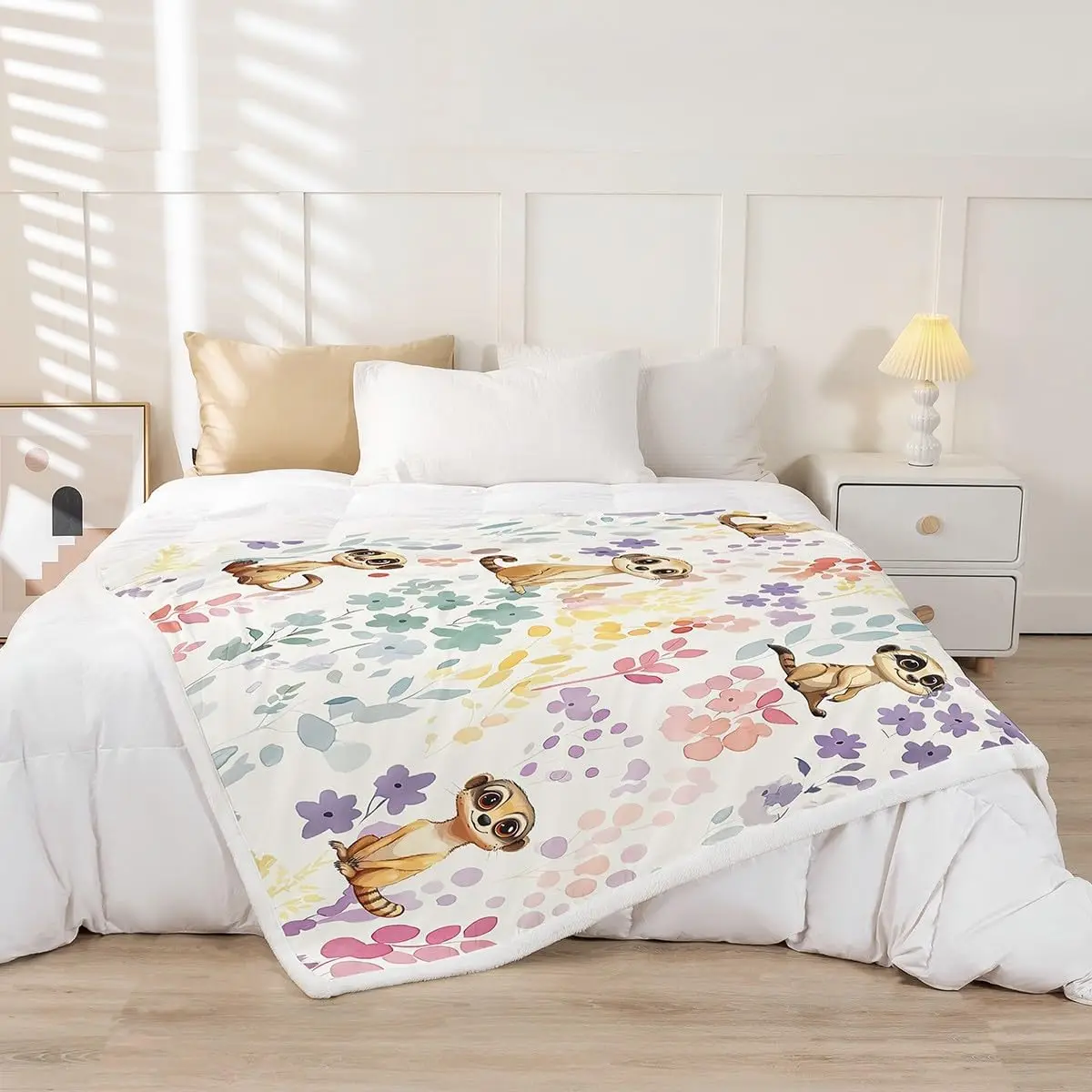 Cartoon Meerkat Watercolor Multicolor Wild Floral Foliage Print Flannel Throw Blanket Soft Warm Cover Infant Girl Bedroom Decor