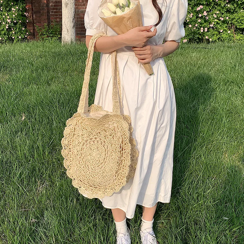 Bohemian Straw Bags for Women Circle Beach Handbags Summer Rattan Shoulder Bags Handmade Knitted Travel Big Totes Bag New