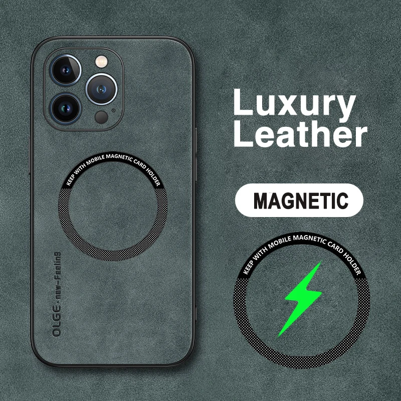 Magnetic For Magsafe Leather Case For iPhone 15 Pro Max 14 13 12 Pro Max 11 Sheepskin Leather Iron Ring Magnetic Case Cover