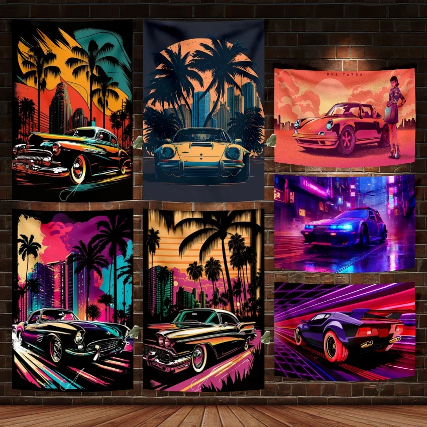 90x150cm Retro Sports Car Neon Decoration Cartoon Racing Wall Tapestry Home Bedroom Wallpaper