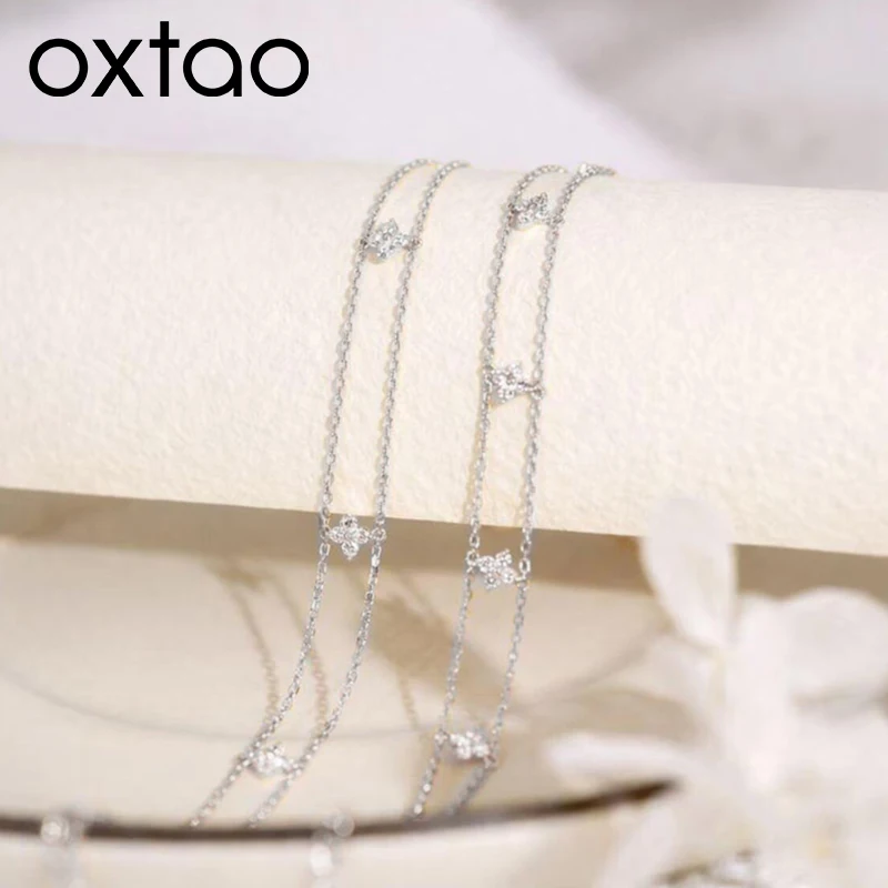 OXTAO Double Chain Moissanite Four-leaf Bracelet D Color VVS1 for Women Unique Design 2mm Hand Bracelet Wedding Party Jewelry