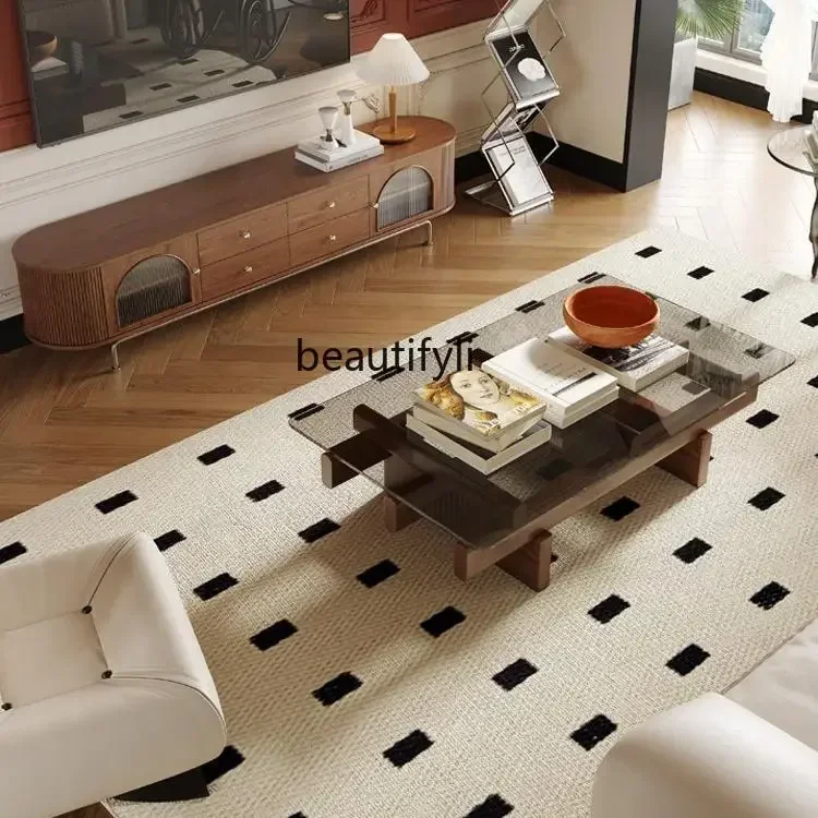 183ff French small apartment rectangular design ash solid wood living room tempered glass coffee table