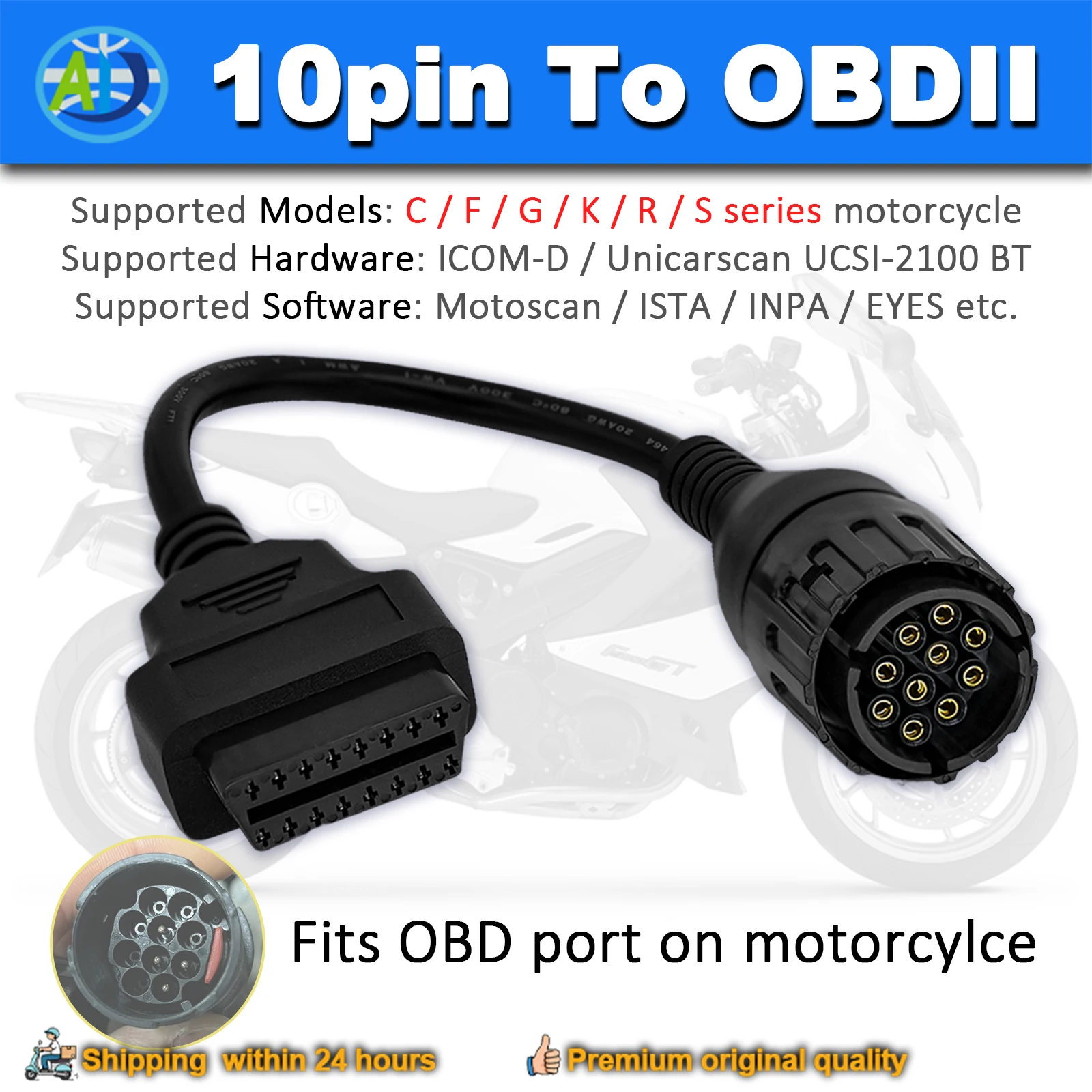 

Motorcycle 10pin to OBD2 Diagnostic Cable For F800GS S1000 R1200GS 10pin OBD Adapter For ICOM-D For C/F/G/K/R/S Series Motorbike