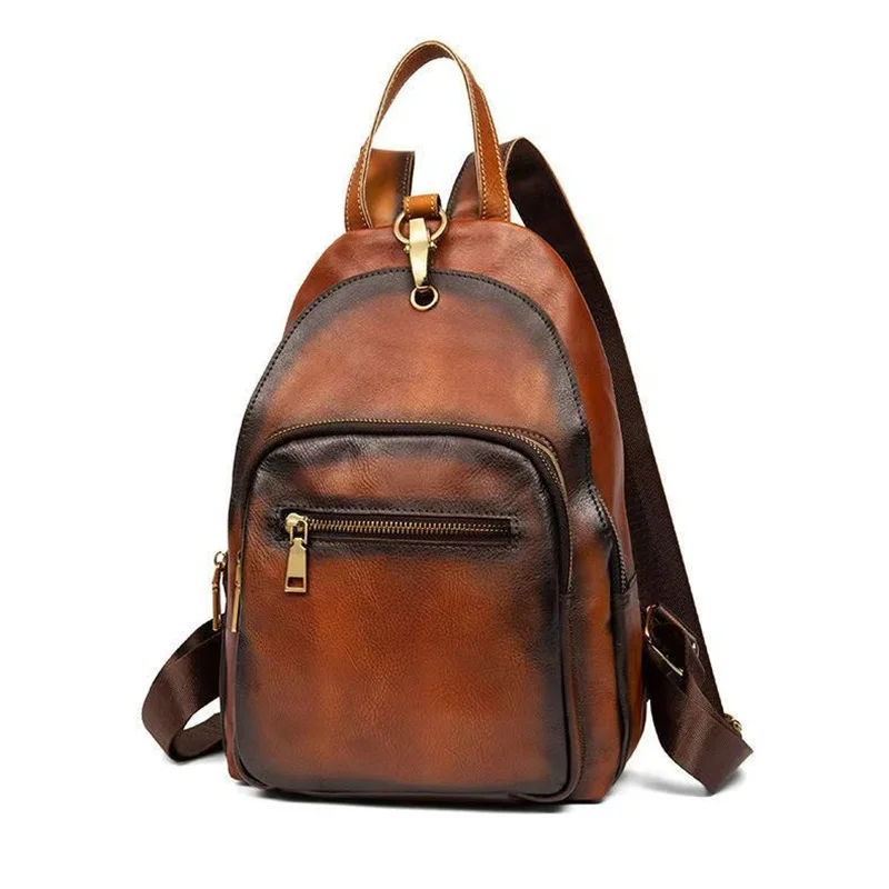 Vintage Genuine Leather Bagpack Man or Woman Small Real Cow Leather Backpack Anti-theft Ladies Travel Shoulder Bag