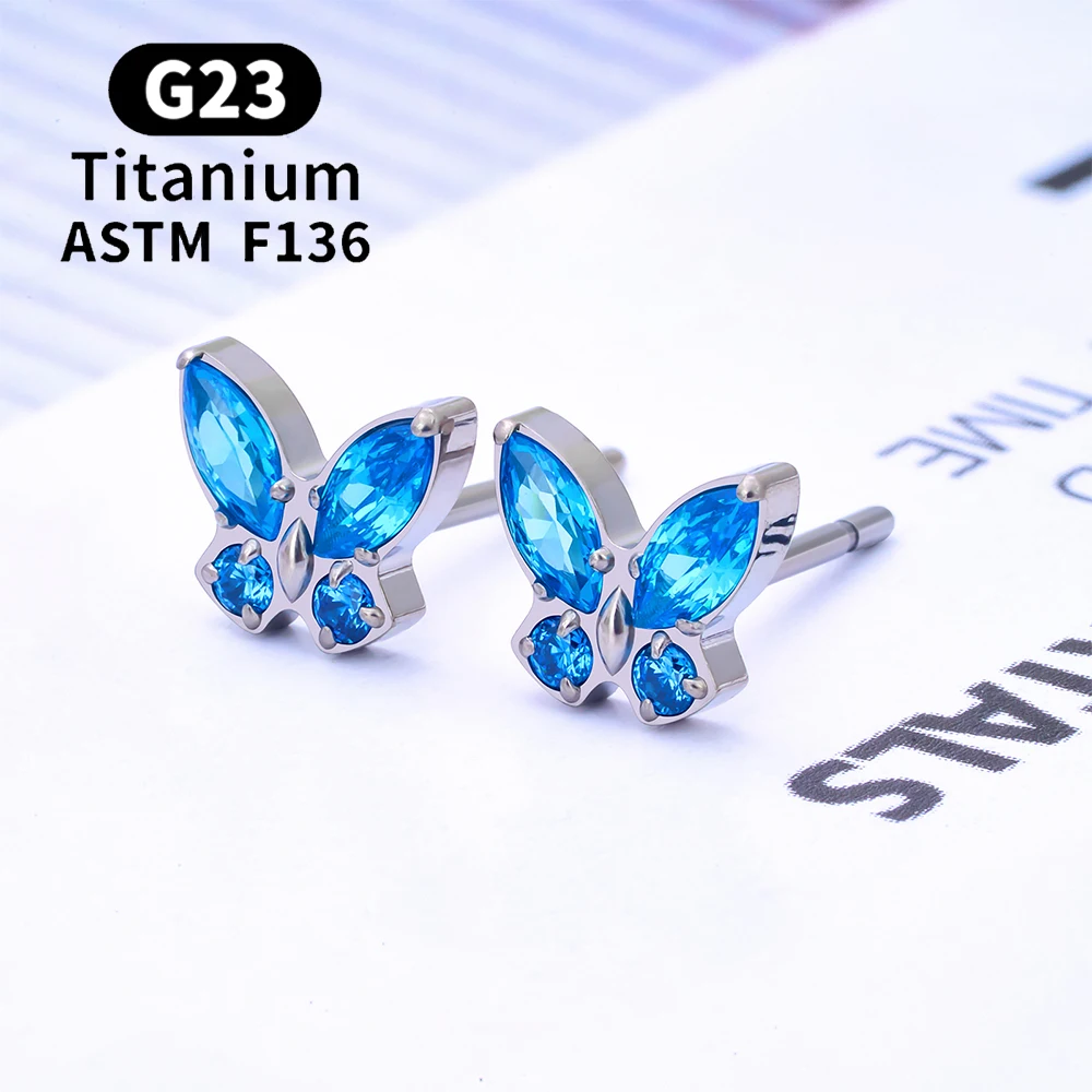 2PCS ASTM F136 G23 Titanium Piercing Butterfly Ear Studs 20G Zircon Tragus Cartilage Pierc Studs Earrings Woman Body Jewelry