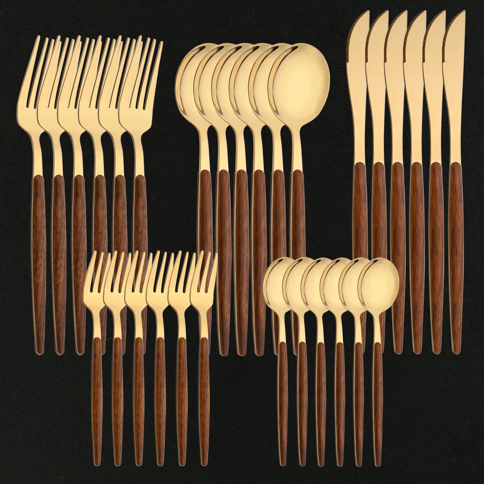 Gold Western Stainless Steel Cutlery 6/30Pcs Dinnerware Imitation Wooden Handle Tableware Knife Coffee Spoon Fork Flatware Set