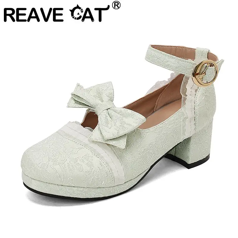

REAVE CAT 2025 Новый дизайн Женские туфли-лодочки в стиле Лолиты с круглым носком и блочным каблуком с пряжкой и ремешком и бантом 31 32 33 42 43 Милые туфли для девочек