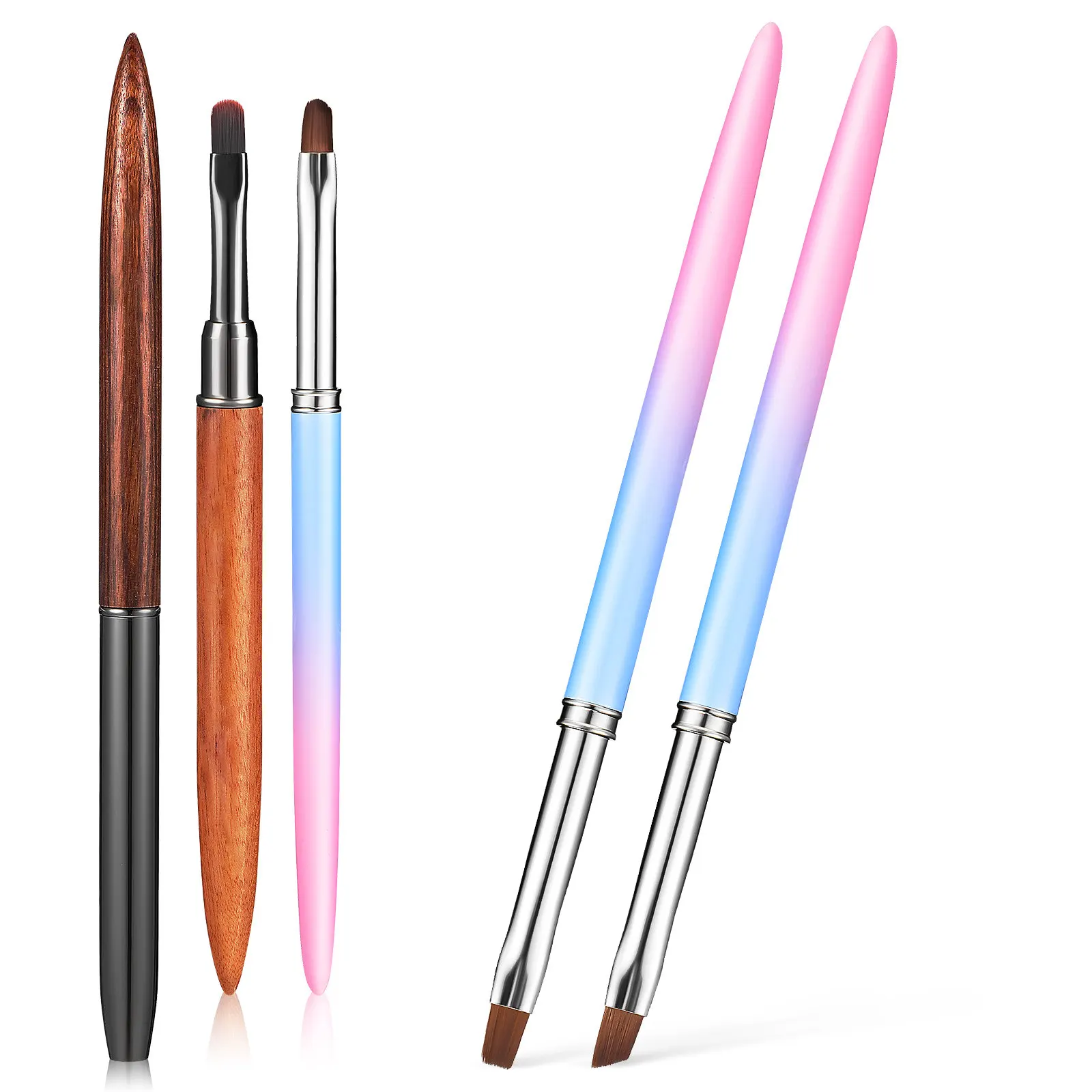 5Pcs Nail Art Brush Set Flat Round Angled Head Soft Bristle Wood Plastic Handle for Nail Polish Cleanup DIY Manicure Salon Use