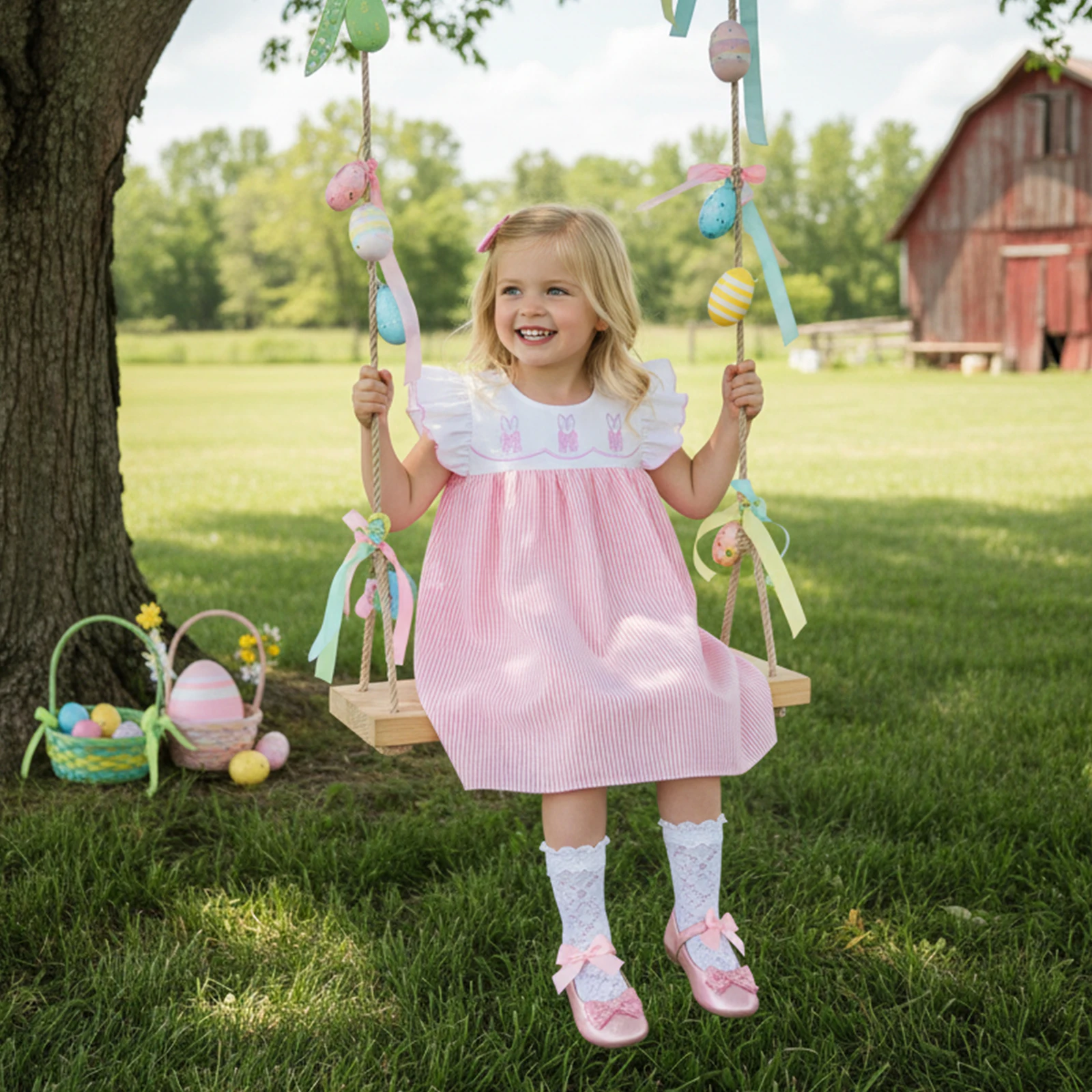Kids Toddler Girl Easter A-Line Dress Cross Bow Carrot Embroidery Round Neck Flying Sleeves Stripe Dress