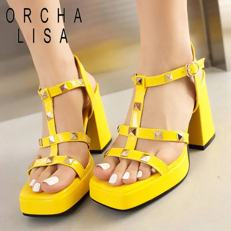 ORCHA LISA Women Sandals Square Toe Chunky Heel 10cm Platform 3cm Rivets Buckle T-strap Concise Daily Shoes For Lady Big Size 43