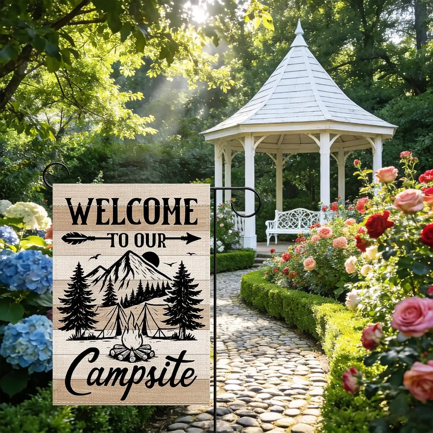 Welcome To Our Campsite Camping Decorative Garden Flag, Camper Mountain Forest Tent Bonfire Small Yard Outside Decorations,  AAS