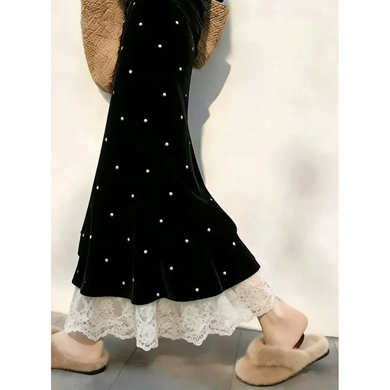 Women Skirt Korean Velvet Mermaid Skirt Pearl Beaded Lace Spliced High Waist Flared Maxi Skirt Elegant Office Coquette Bottom