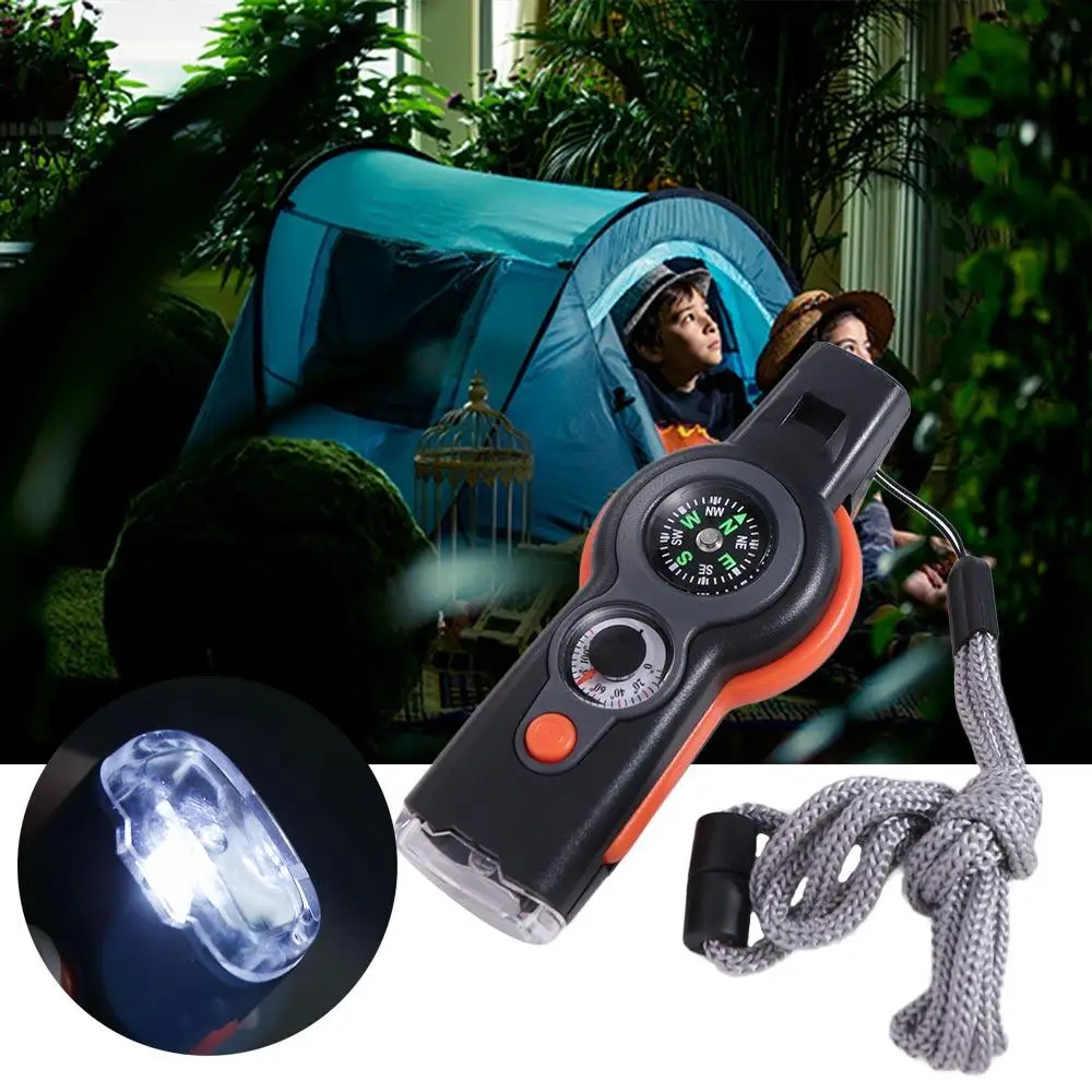 Portable LED Light Emergency Whistle Compass Magnifier Survival Whistle Reflector Thermometer 7 in 1 Whistle Adventure