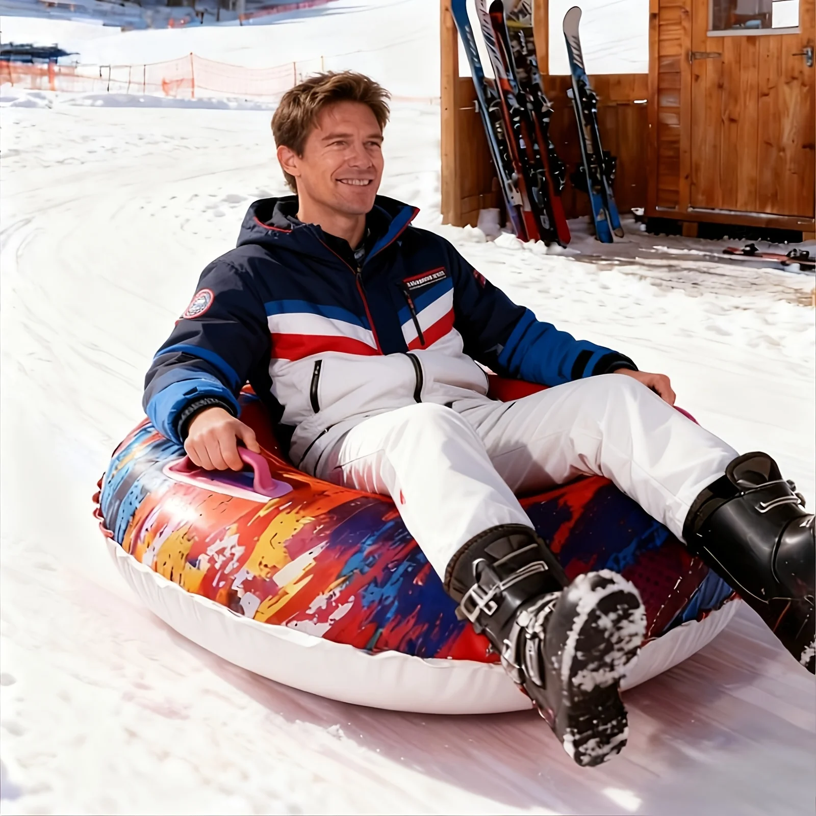 2pcs Iridescent Heavy Duty Pvc Inflatable Snow Tube Foldable Ski Toboggan Sled Winter Outdoor Family Snow Sledding Gear