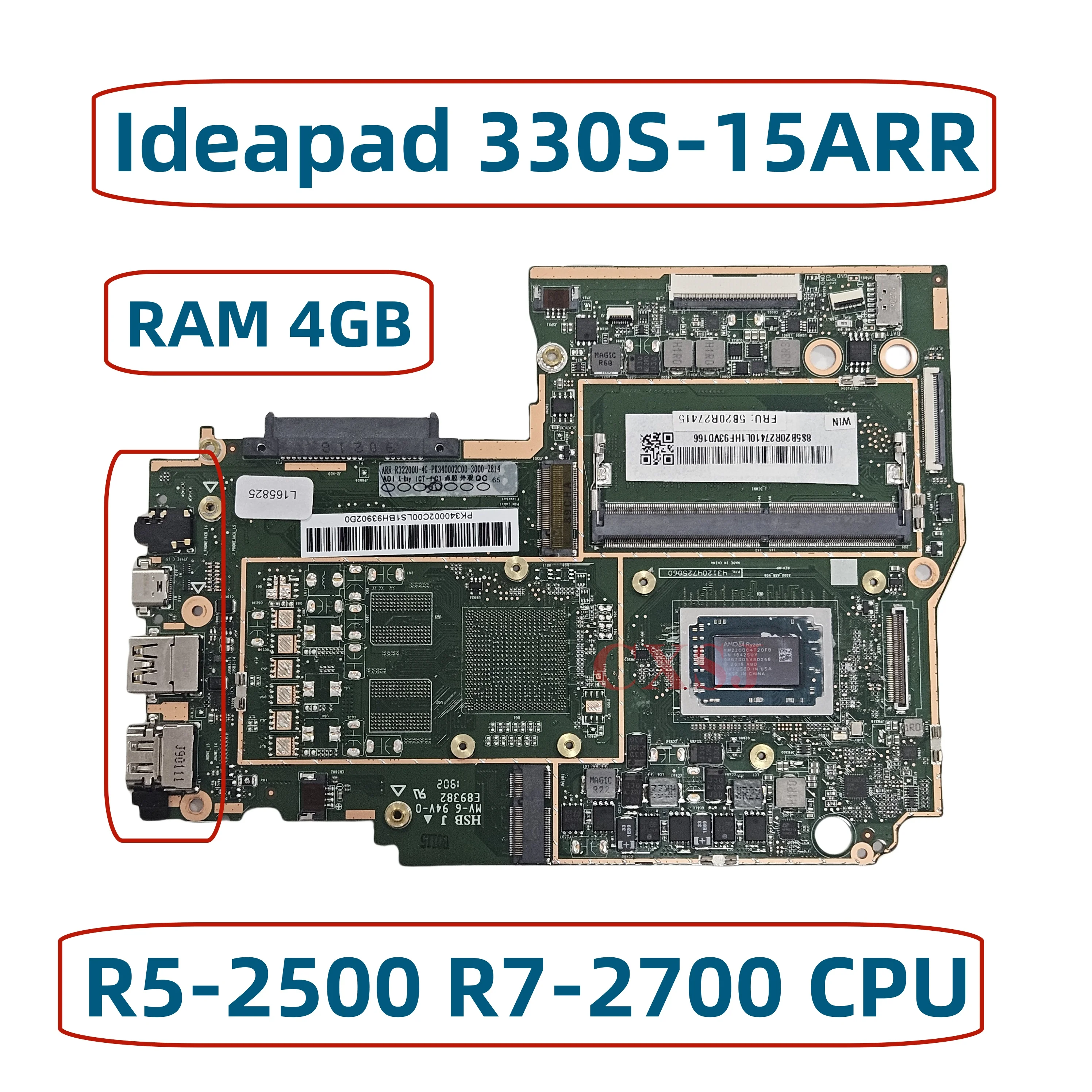 For Lenovo Ideapad 330S-15ARR Laptop Motherboard With AMD Ryzen R3 R5 R7 4GB-RAM Fru:5B20R27410 5B20R27416 5B20R27415 100% Test