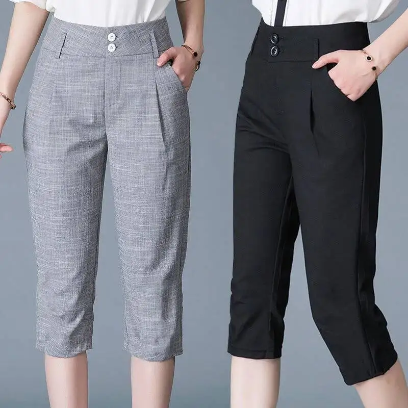 Women Capris Pants Summer 2024 Women's Casual High Waist Cotton Linen Pants Office Lady Harem Calf-Length Pants 3XL Female