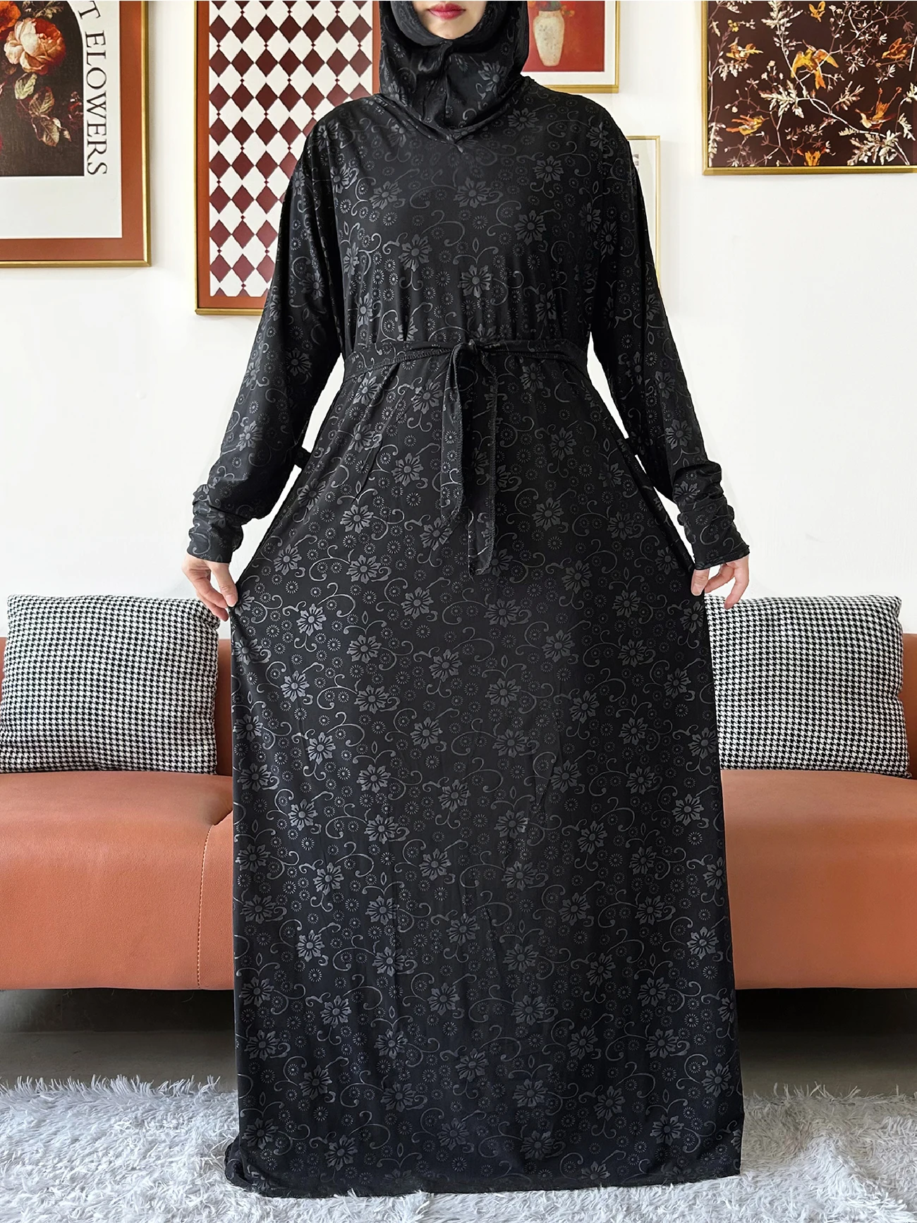 

2025 Muslim Solid Abaya For Women Ramadan Prayer Garment Joint Hat Dubai Turkey Middle East Femme Robe Floral Loose Dress