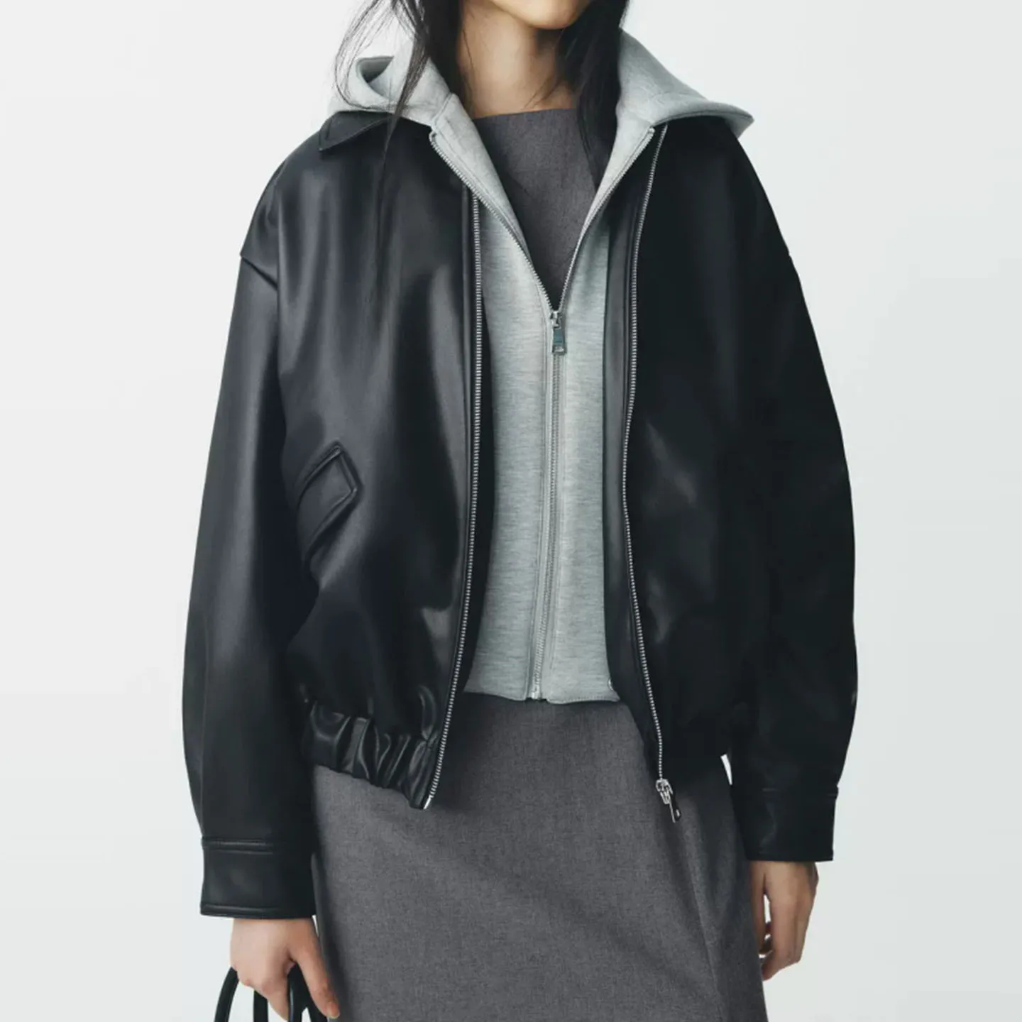 Z 2025 New Faion Patchwork Leather Effect Jaet Women's Coat Casual Commute Sle Long Sve Zipper Closure Coat