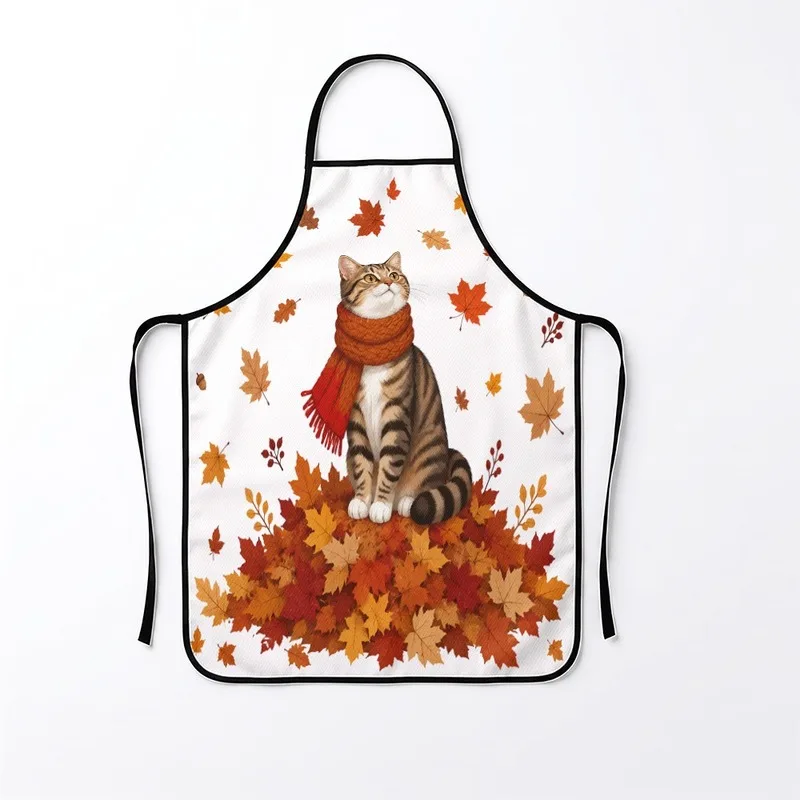 1PC【Apron】2DFlat effect，Printed with a tabby wearing an orange-red scarf and autumn maple leaf pattern，Durable and practical