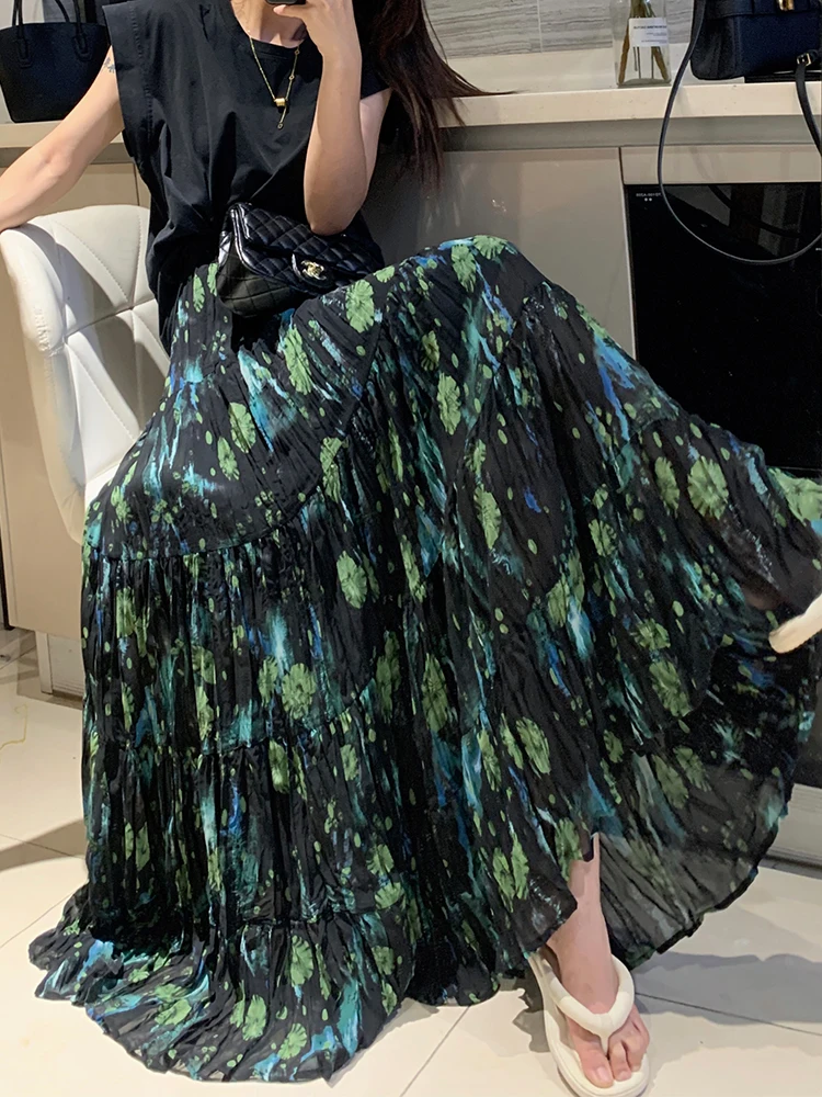 Moyuan Floral Midi Skirt Summer New Elegant Chiffon High Waist Slimming Large Hem Floral Mid-Length Skirt Women