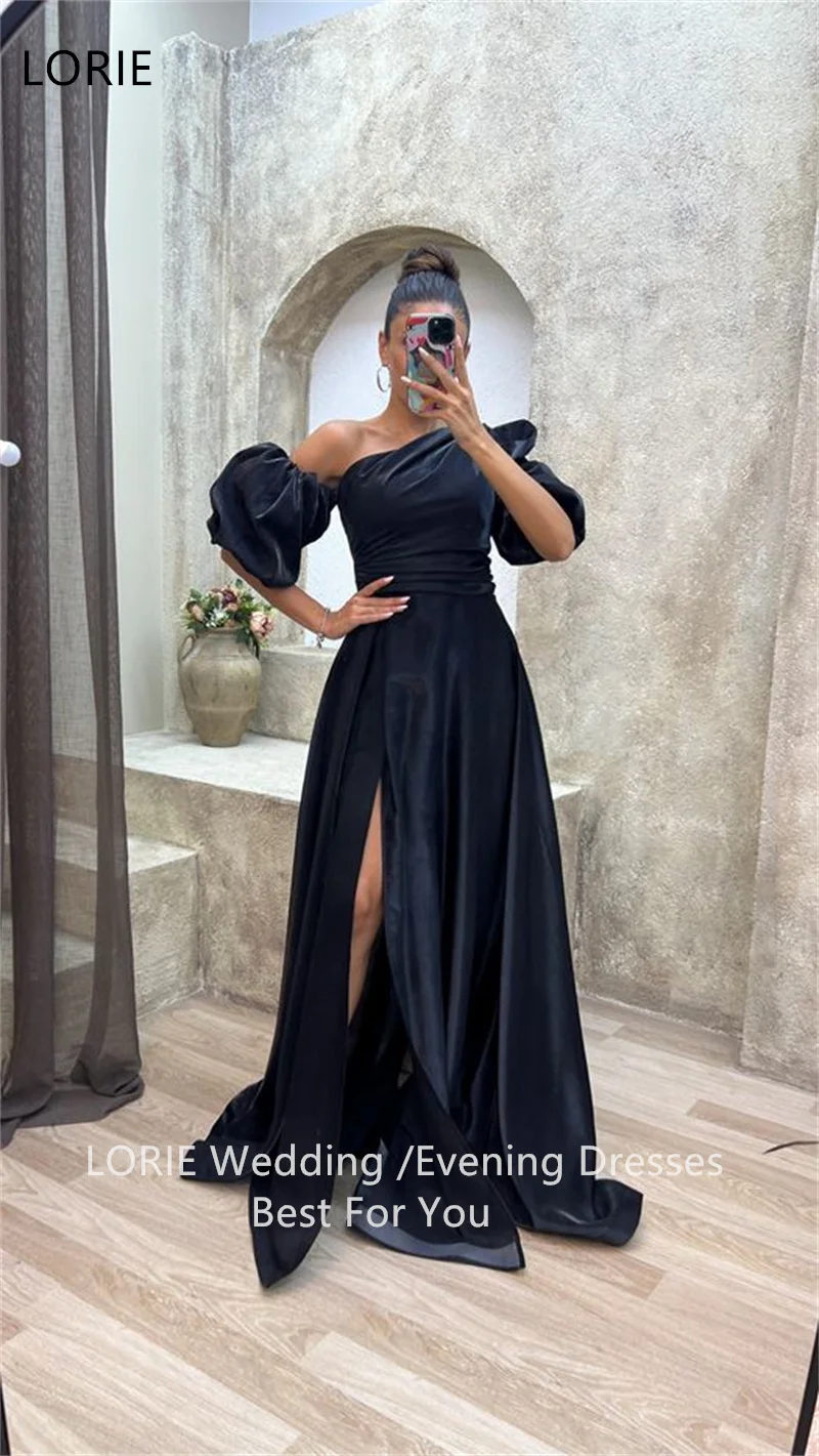 LORIE Black Satin A-Line Wedding Dresses Bare Shoulder Pleat Side Silt Bridal Gown Floor-Length Bride Gowns 2025 Customized