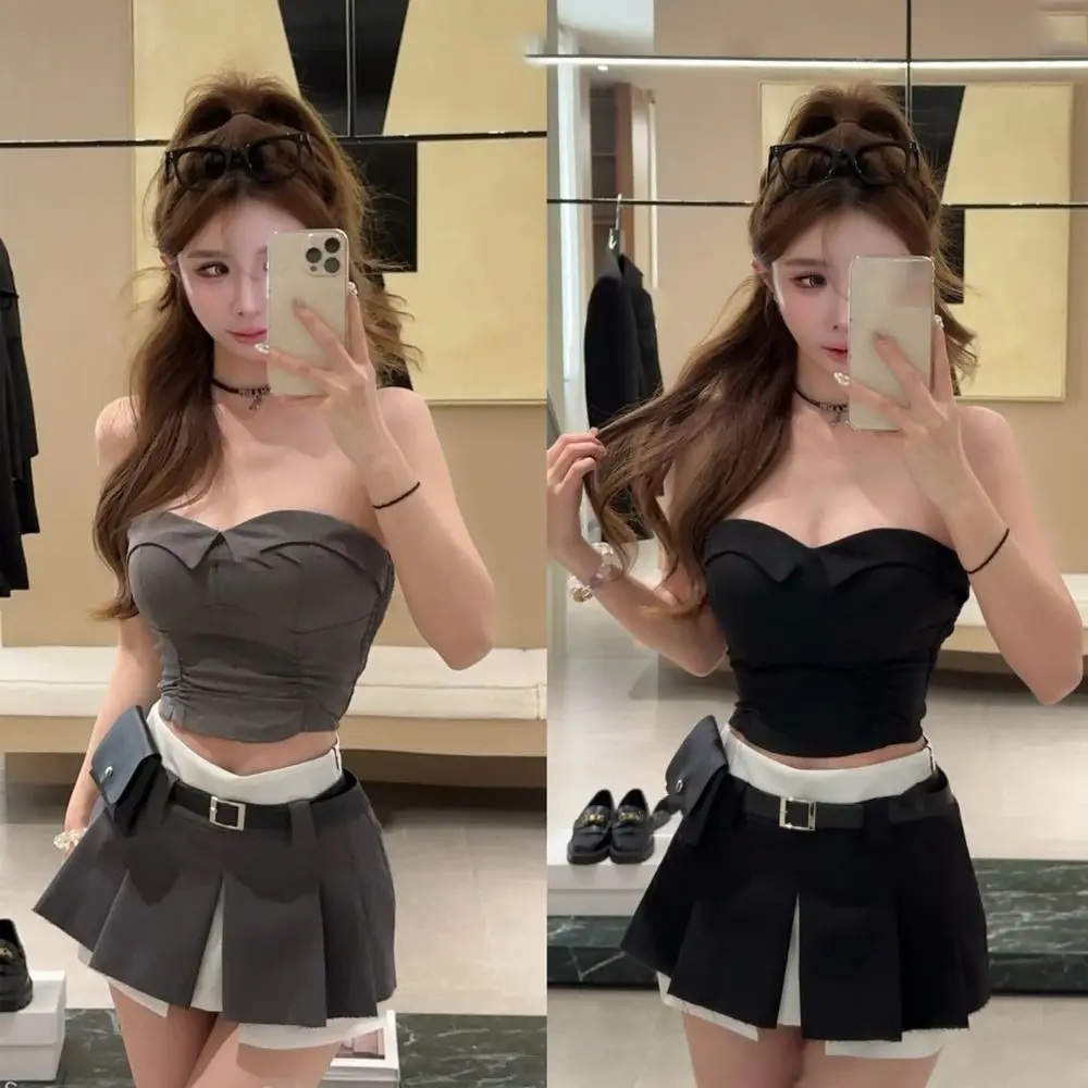 

2025 Summer Dress New Short Skirt Spice Girl Wind Waist Short Sleeveless Chest Splicing Half Skirt College Style Two-piece Set