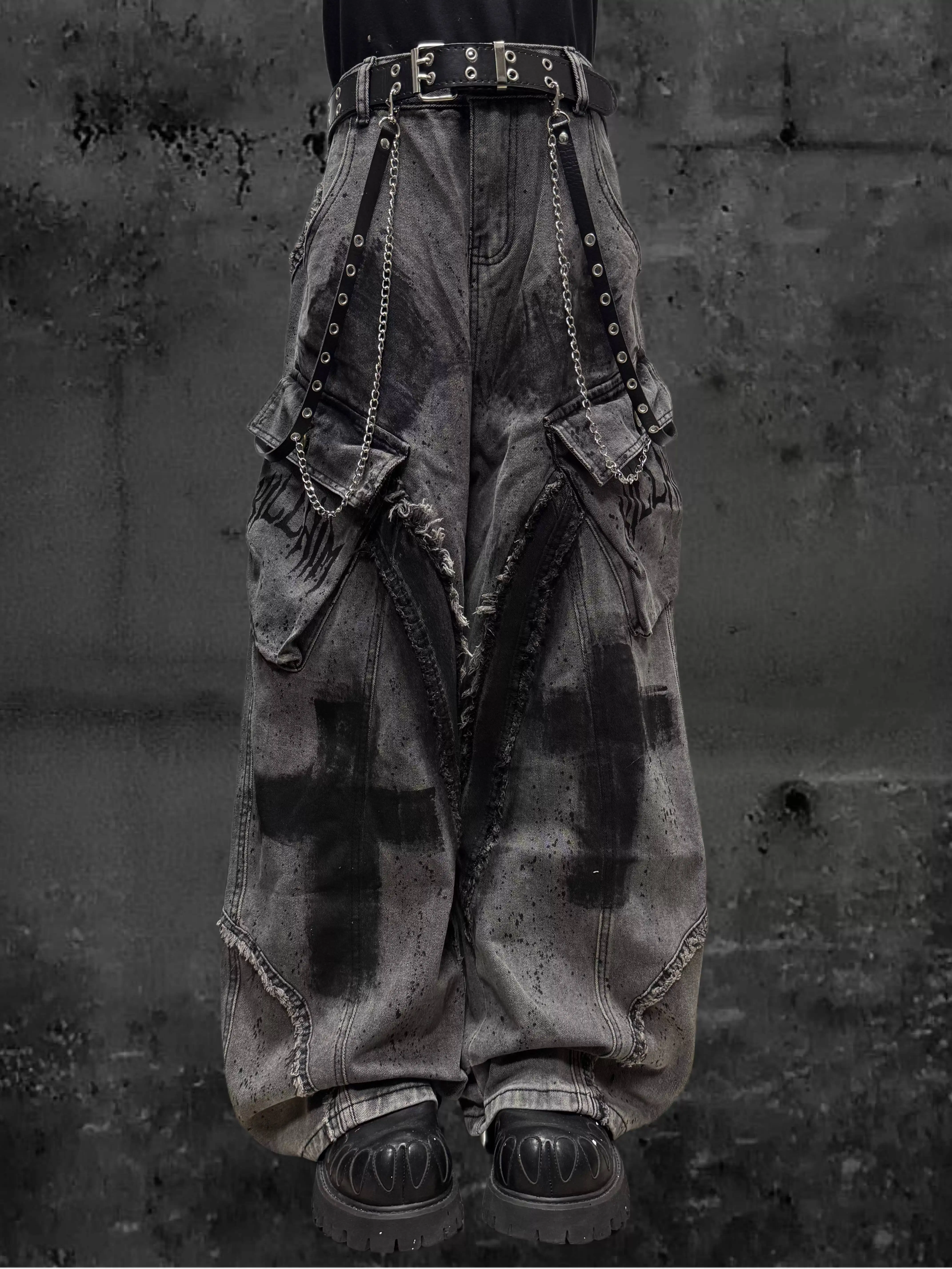 

Unsiex Gothic Punk Jeans 2026 Distressed Splash Ink Jeans For Women Men Y2K Graffiti Wide Leg Pants Loose Fit Washed Denim