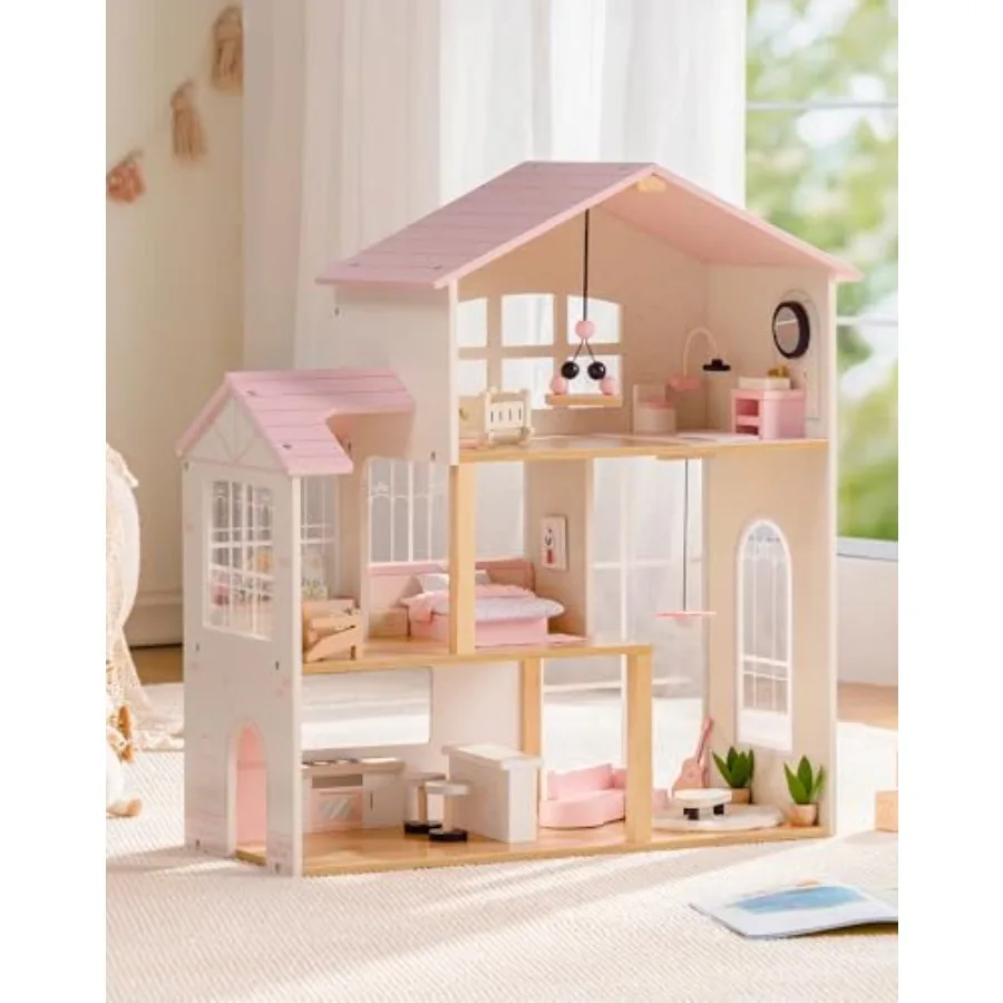 

Montessori wooden dollhouse for girls, pink painted pine wood, 6-room kit with 37 furniture accessories, educational playset fo