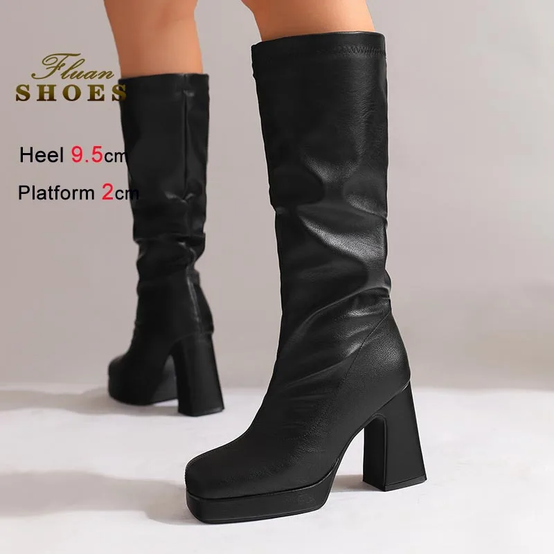 

New Women's Boots Black 9.5CM Coarse Heel Knee Length Boots Square Head Nightclub Party Show Long Boots Knight Boots Lady Shoes
