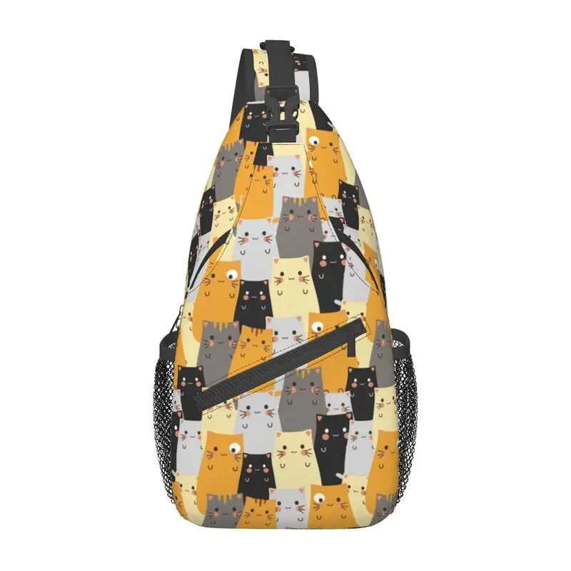 Mochila de hombro con estampado de dibujos animados de gatos para hombre, bandolera de pecho con tirantes, informal, divertida, para senderismo