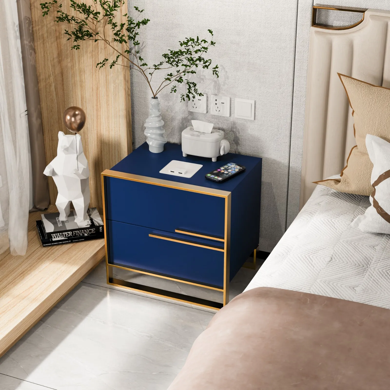 

Умная прикроватная тумбочка с ящиками, синяя, с беспроводной зарядкой и USB