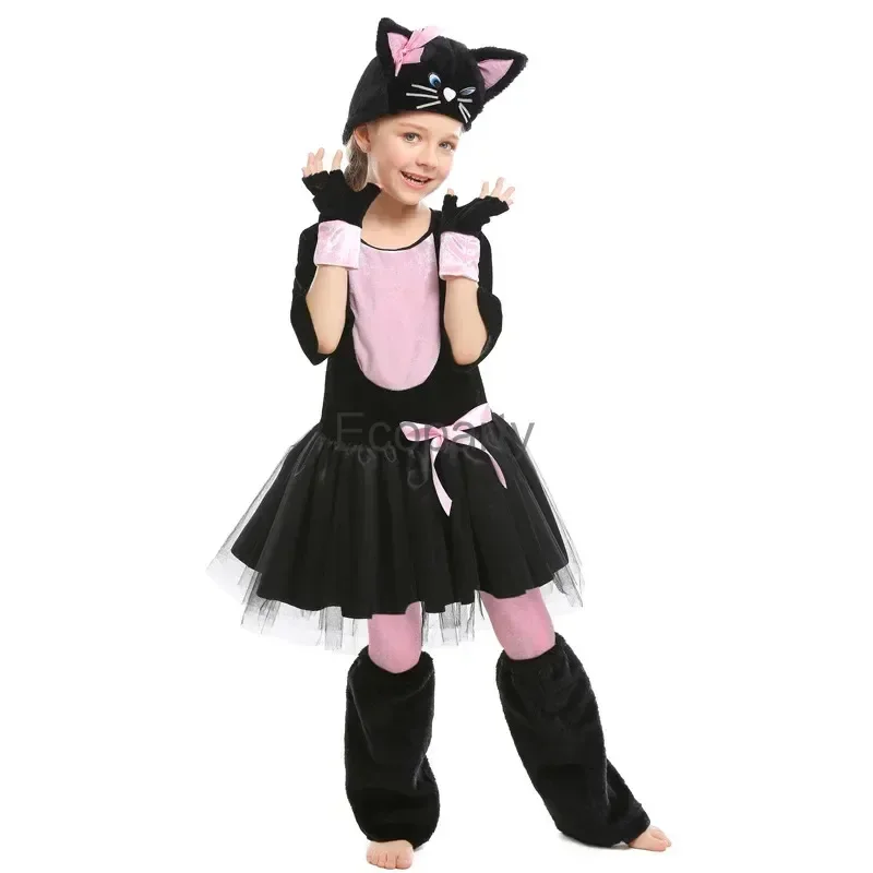 Kids Halloween Animal Costumes Girls Cute Black Cat Cosplay Dress with Hat Glovs Foot Cover Set Mardi Gras Stage Show Outfits