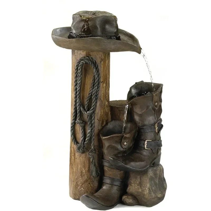 Wild Western Rustic Cowboy Hat Boot Water Fountain for Outdoor Garden Decor