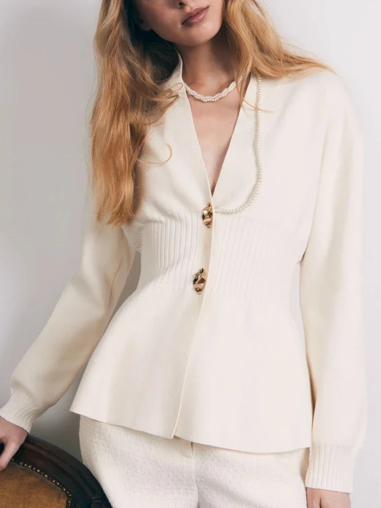 

New Solid Vintage V-Neck Sweater Cardigan Women Tapered Waist Streetwear Slim Long Sleeve Autumn Cover Up Female Cardigan Top