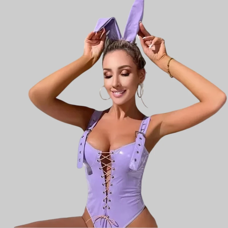 

Tornova Bunny Girl Sexy Lingerie for Women PU Leather High Waist Strap Sexy Bunny Girl Jumpsuit Female Erotic Underwear Set New