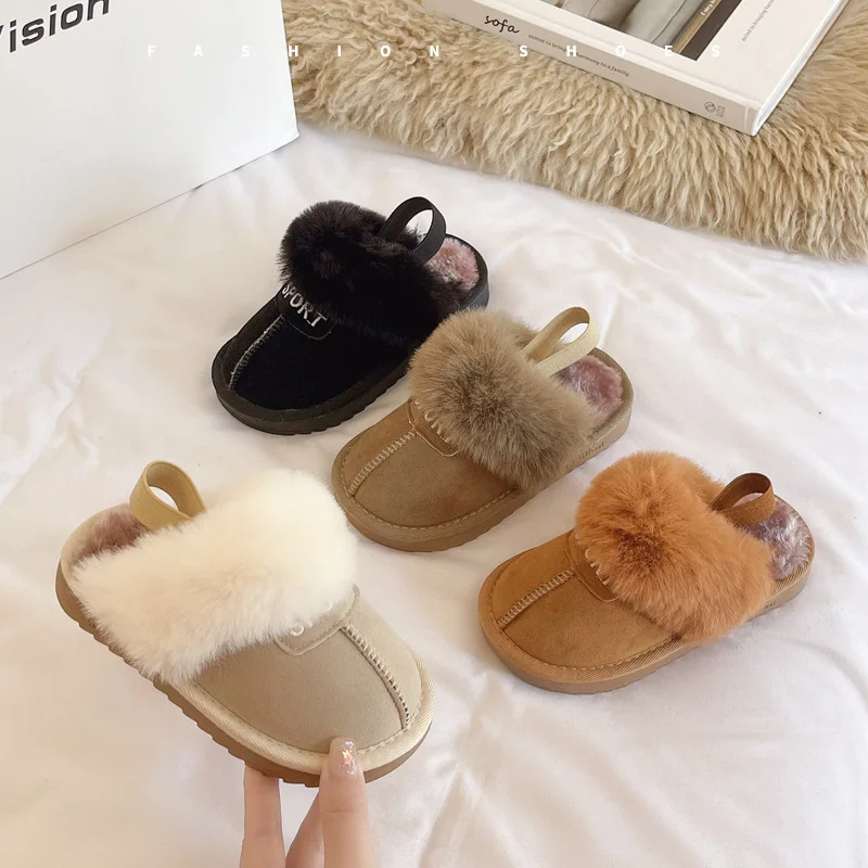 2024 Winter Kids Fur Slippers Korean Elastic Band Girls Cotton Shoes Plush Warm Boys Home Shoes Indoor Non-slip Child Slippers