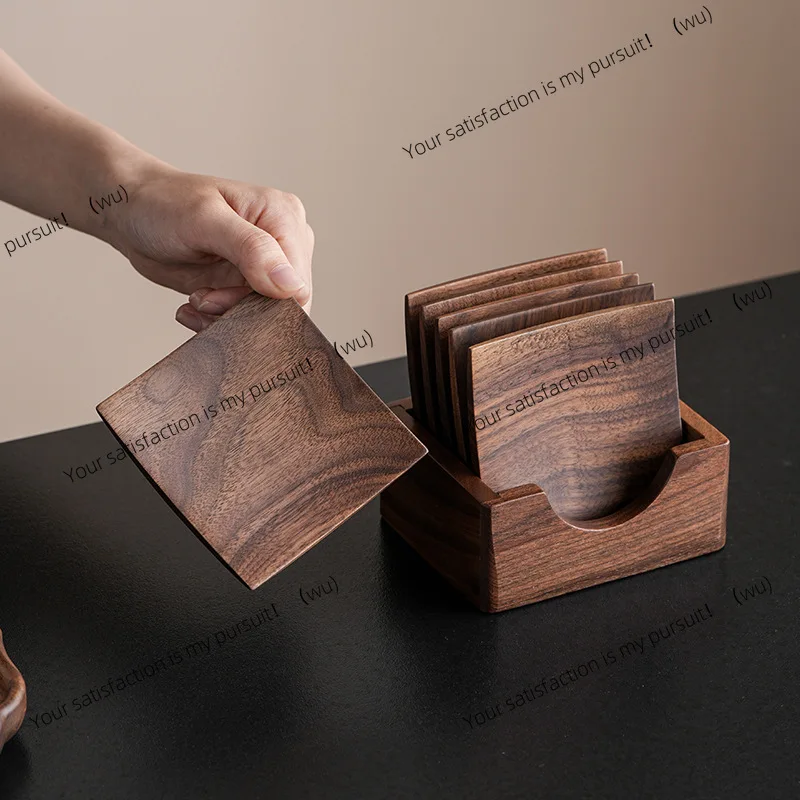 Black walnut square coaster with storage box, solid wood thermal insulation pad, tea cup, tea saucer, tea ceremony