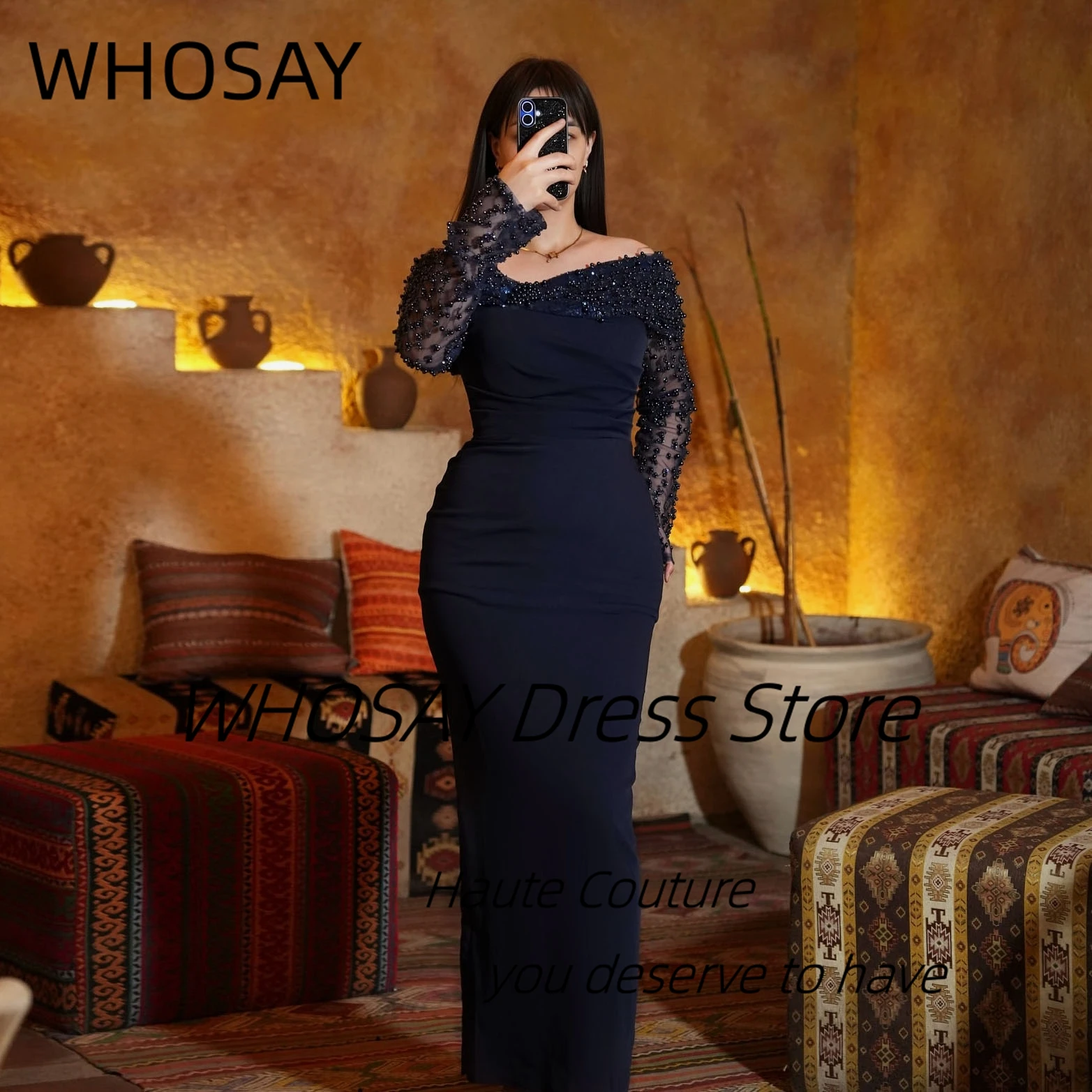 

WHOSAY Prom Dresses Bespoke Beaded Long Sleeves Evening Gowns Zipper Back Special Occasion Women Formal Party Dress Customized