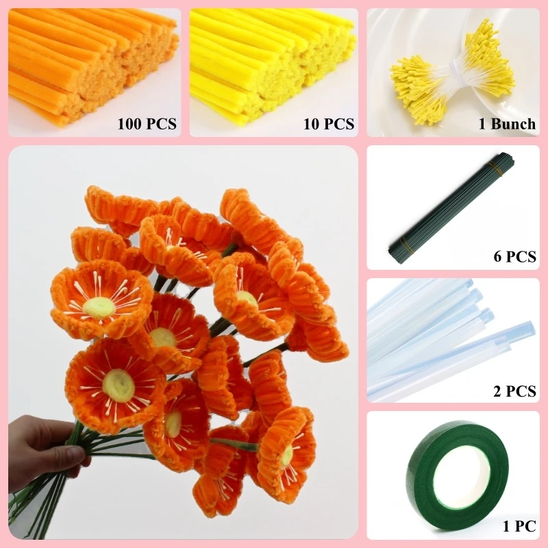 

110 PCS * Pipe Cleaner Chenille Stems Handmade Helloborus‌ Flower Making Kit DIY Art Flower Bouquet Craft Set Hot Glue Sticks