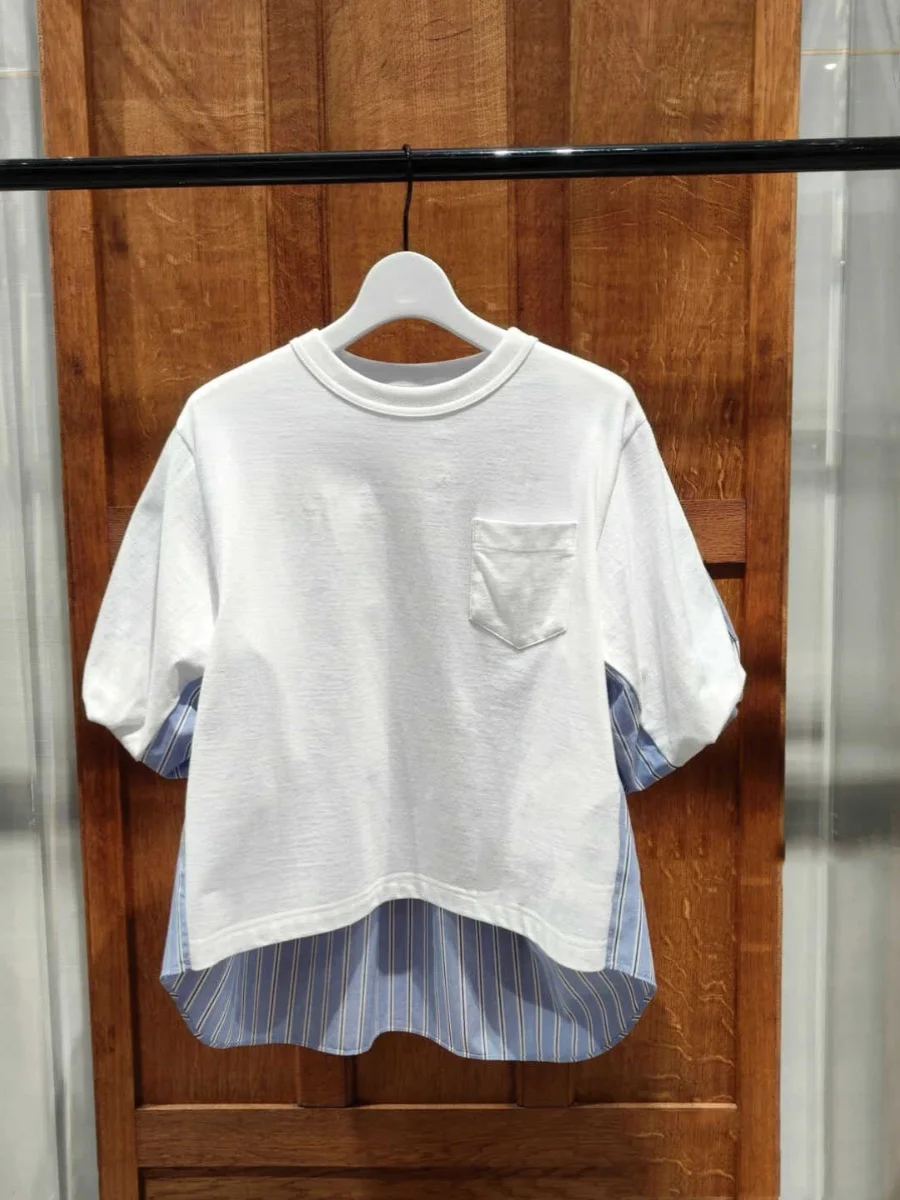 

Summer New Loose Fit Striped T-irt Women's round Ne Bubble Sve ort Sve Top FOG SACAI Bubble Sve T-irt Stripe...