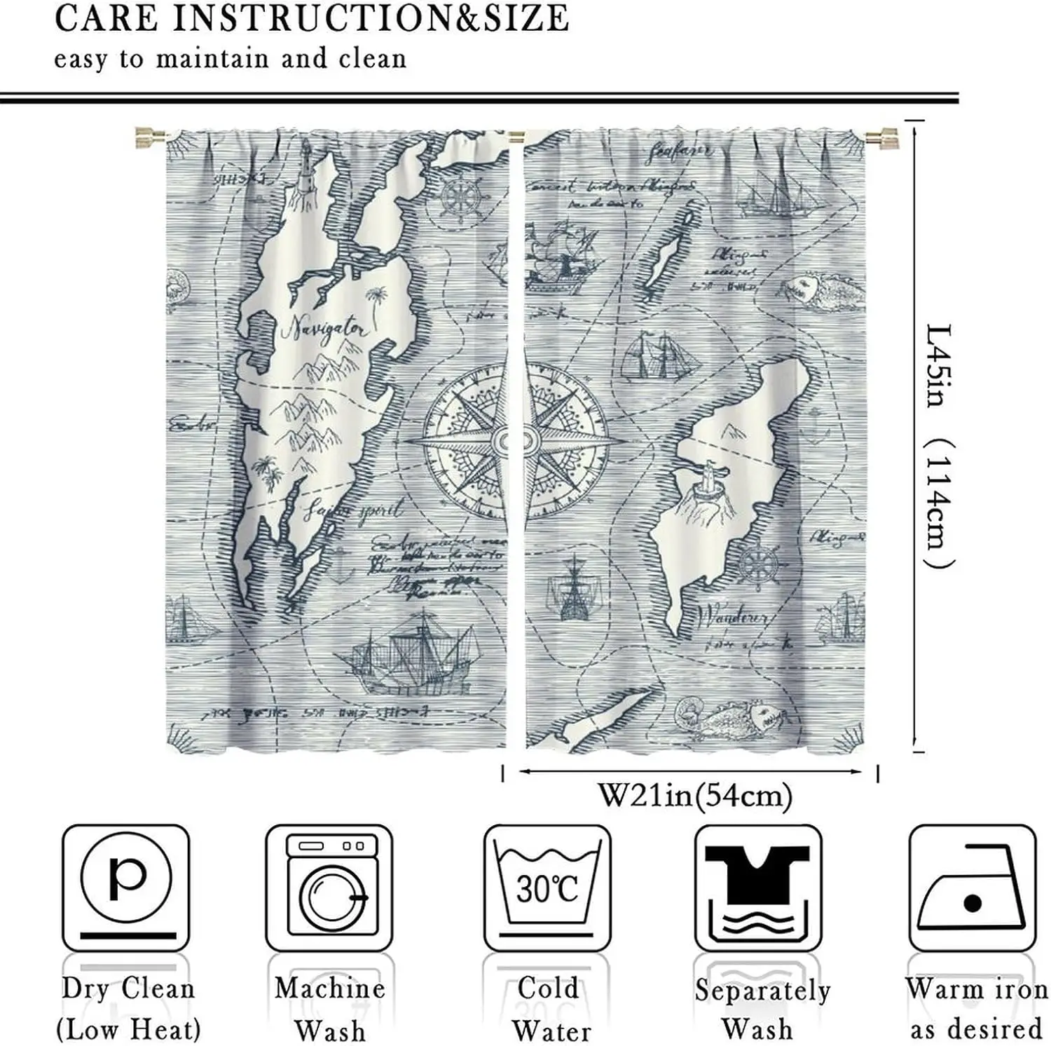 Nautical Curtains,Ocean Theme Vintage Map Sea Island Print Window Treatments for Bedroom Living Room Kitchen Café Mid Century