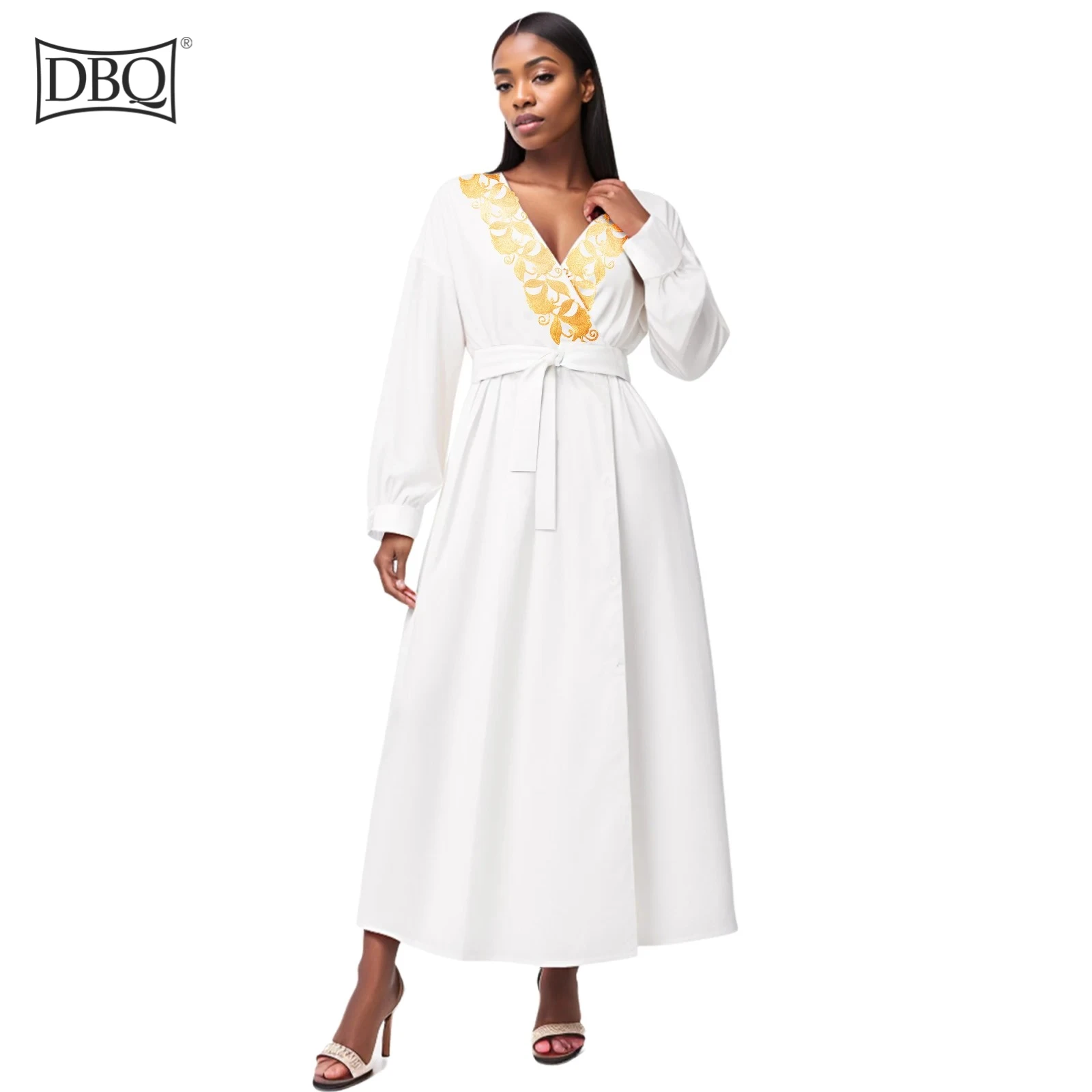 DBQ 여성 아프리카 스타일 v 넥 하이 웨스트 a 라인 맥시 드레스 수 놓은 우아한 슬립 드레스 42012