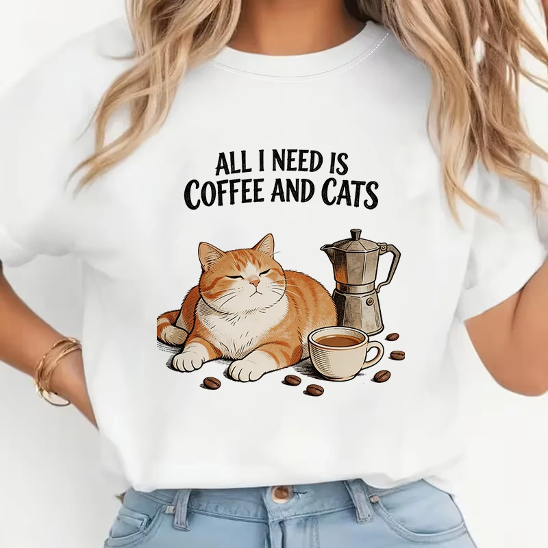 90s Graphic Y2k Tops Tshirt Women's Casual Short Sleeve T-shirt Clothes All My Need Is Coffee and Cat Print T Shirt for Woman