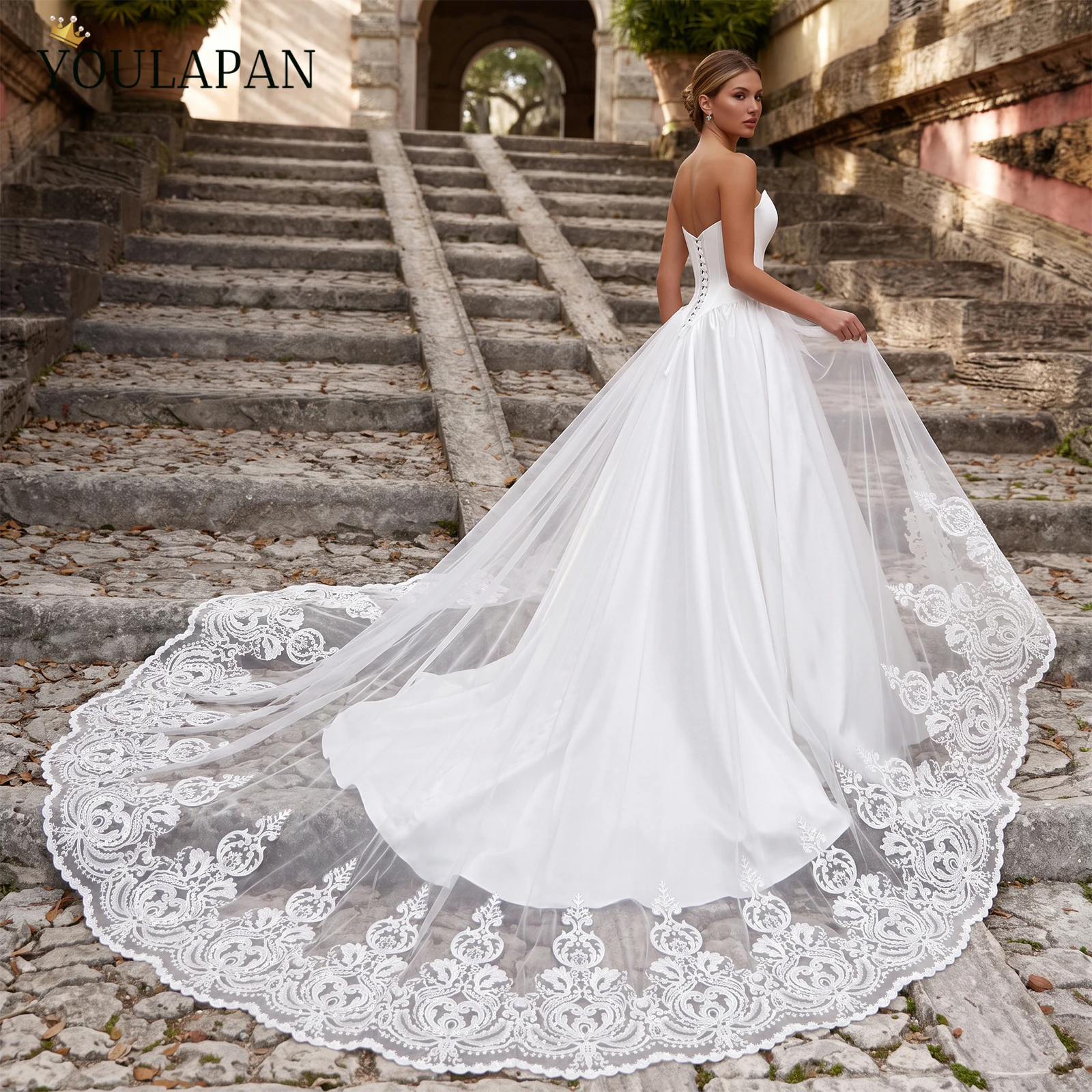 TOPQUEEN Detachable Lace Applique Tulle Train Para Novia Sequin Bridal Overskirt Wedding Dress Trail With Safety Pins VB54