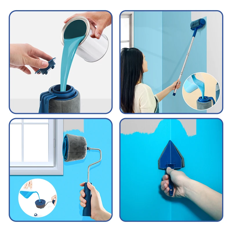 Conjunto de escova de rolo de pintura com alça e bandeja à prova de vazamento escovas de esponja multifuncionais para decoração de parede doméstica ferramentas de pintura